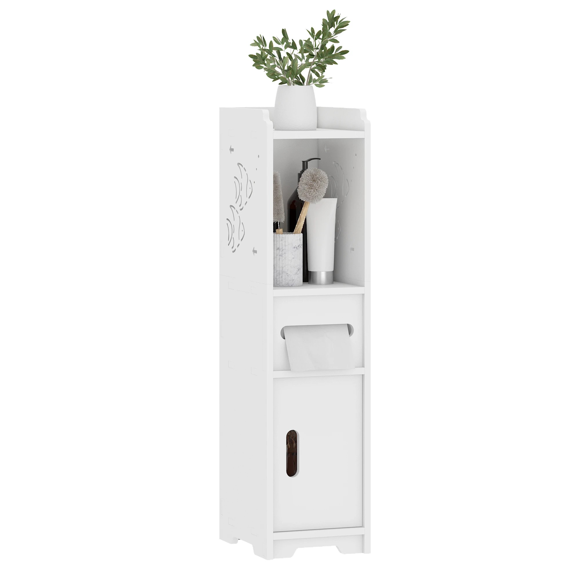 1 Advwin Slim Bathroom Storage Cabinet PVC Narrow Storage Cupboard with Doors and Drawer  Floor Cabinet with Open Shelves, 1 of 9