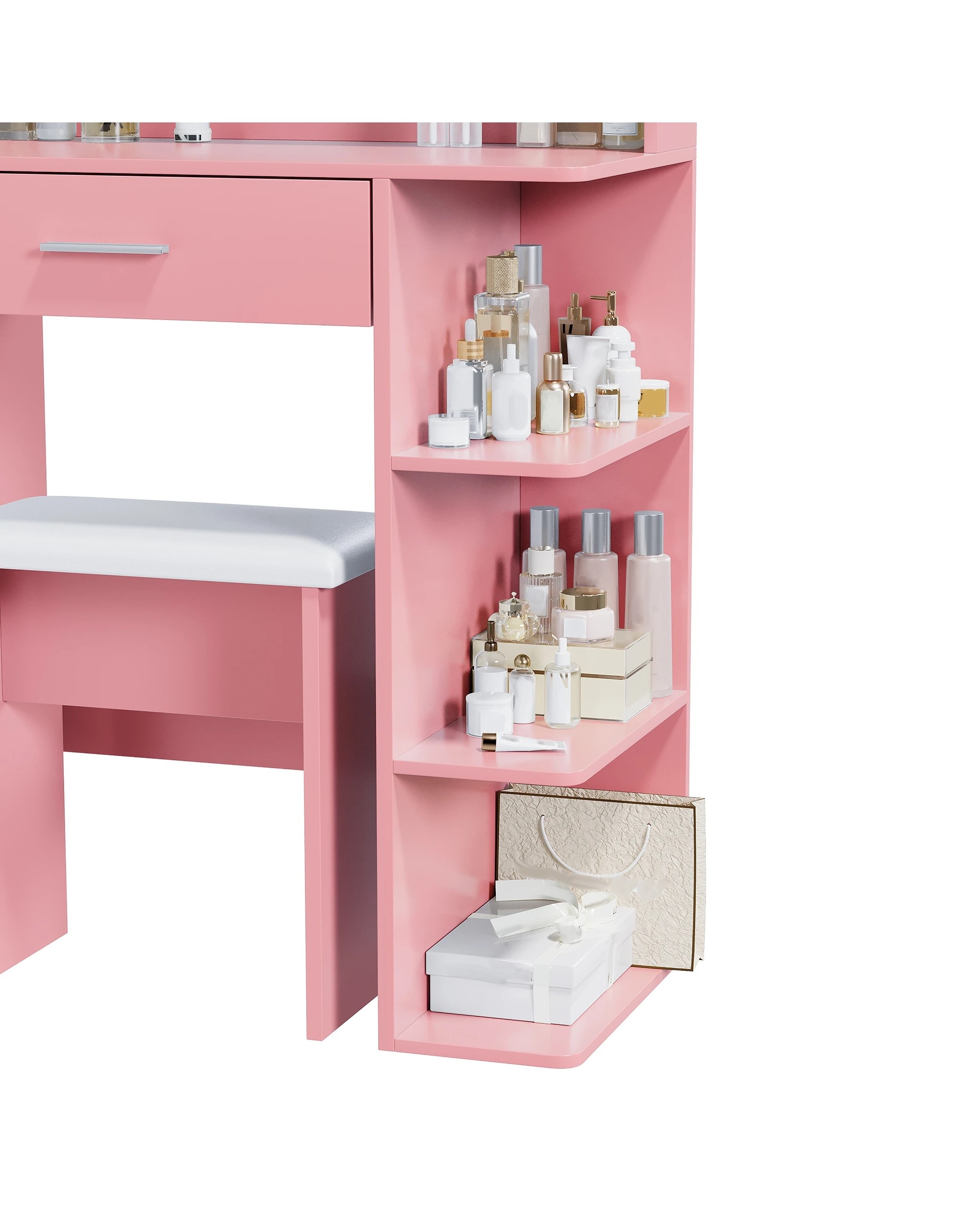 6 Advwin Dressing Table Stool Set LED Light Charging Station Glass Cabinet Tabletop - Pink, 6 of 9