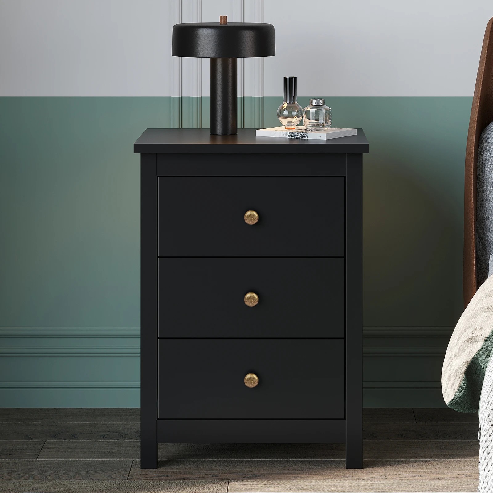 3 Alfordson 2x Bedside Table Hamptons 3 Drawers Nightstand - Black, 3 of 9