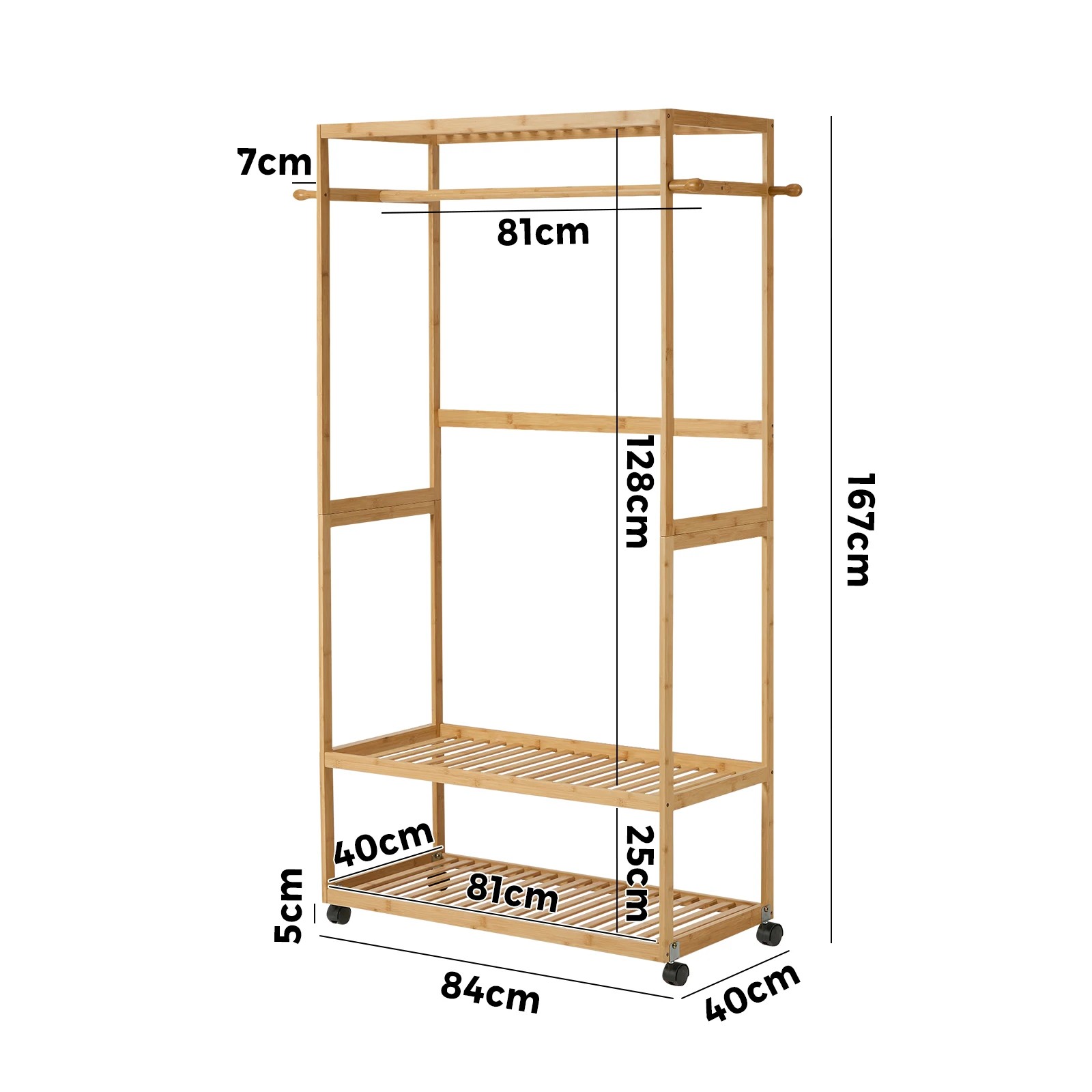 2 Oikiture Clothes Rack Open Wardrobe Garment Coat Stand Bamboo 2 Shelves Wheels - Natural, 2 of 8