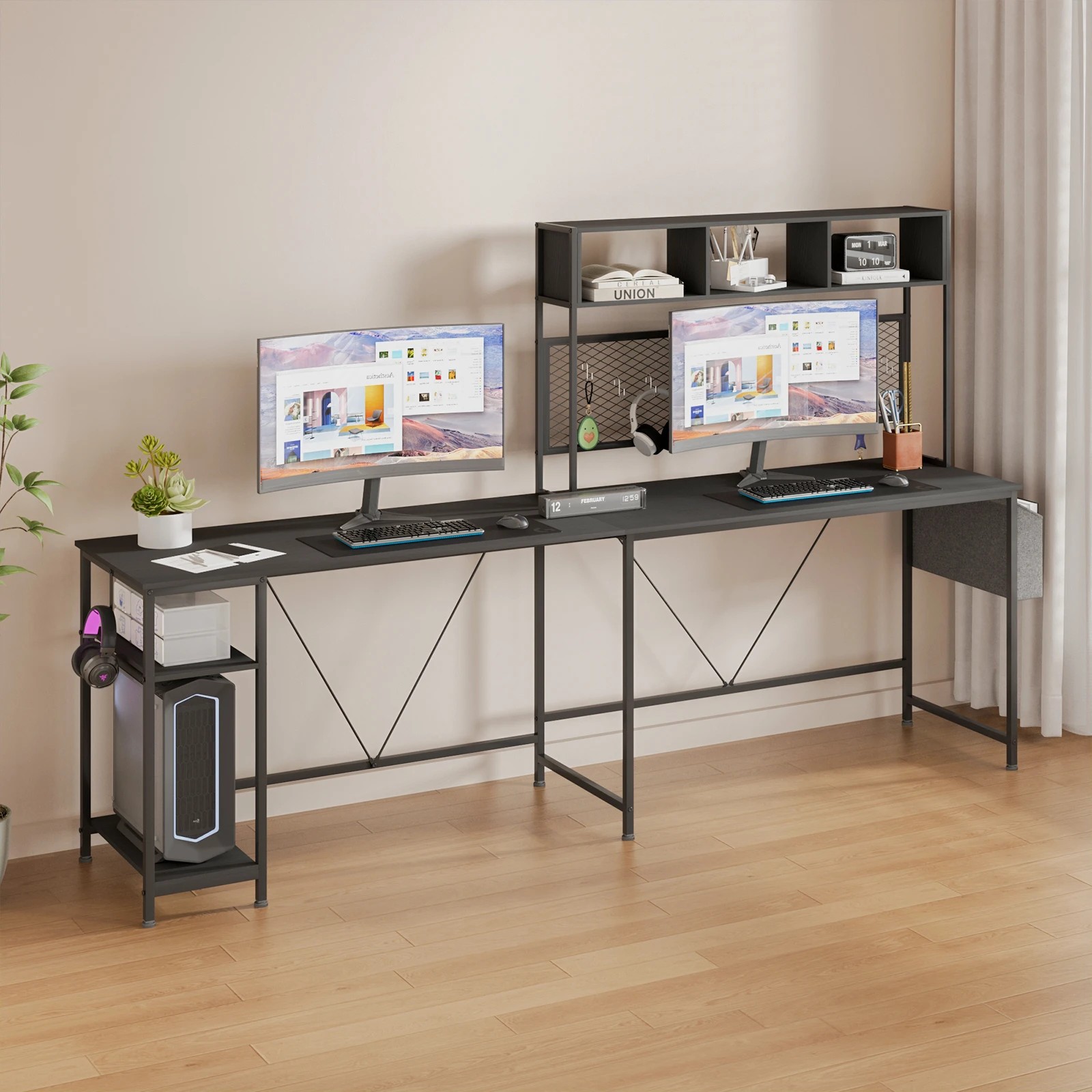 3 Advwin L Shaped Gaming Desk with LED Lights & Power Outlets Reversible Computer Desk with Storage Shelf - Black, 3 of 7