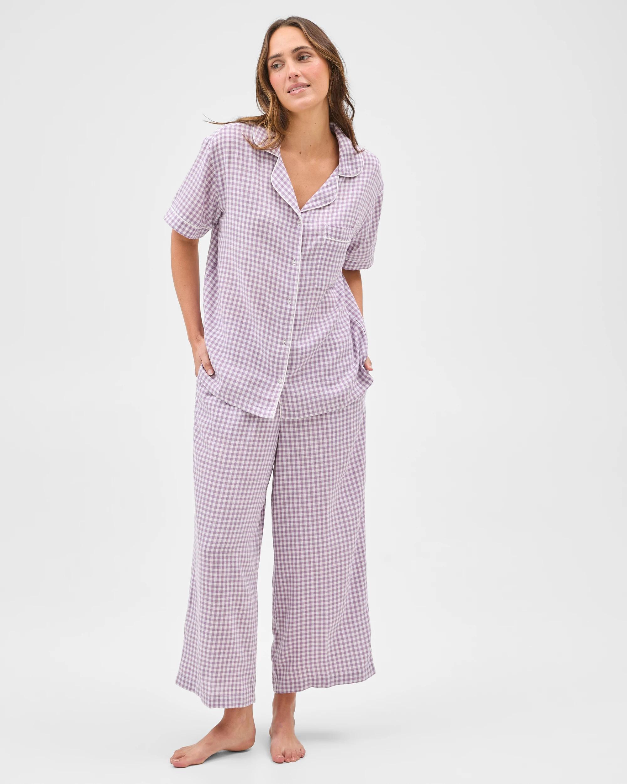 1 Target Woman Linen Blend 7/8 Length Pyjama Set PURPLE GINGHAM, 1 of 6