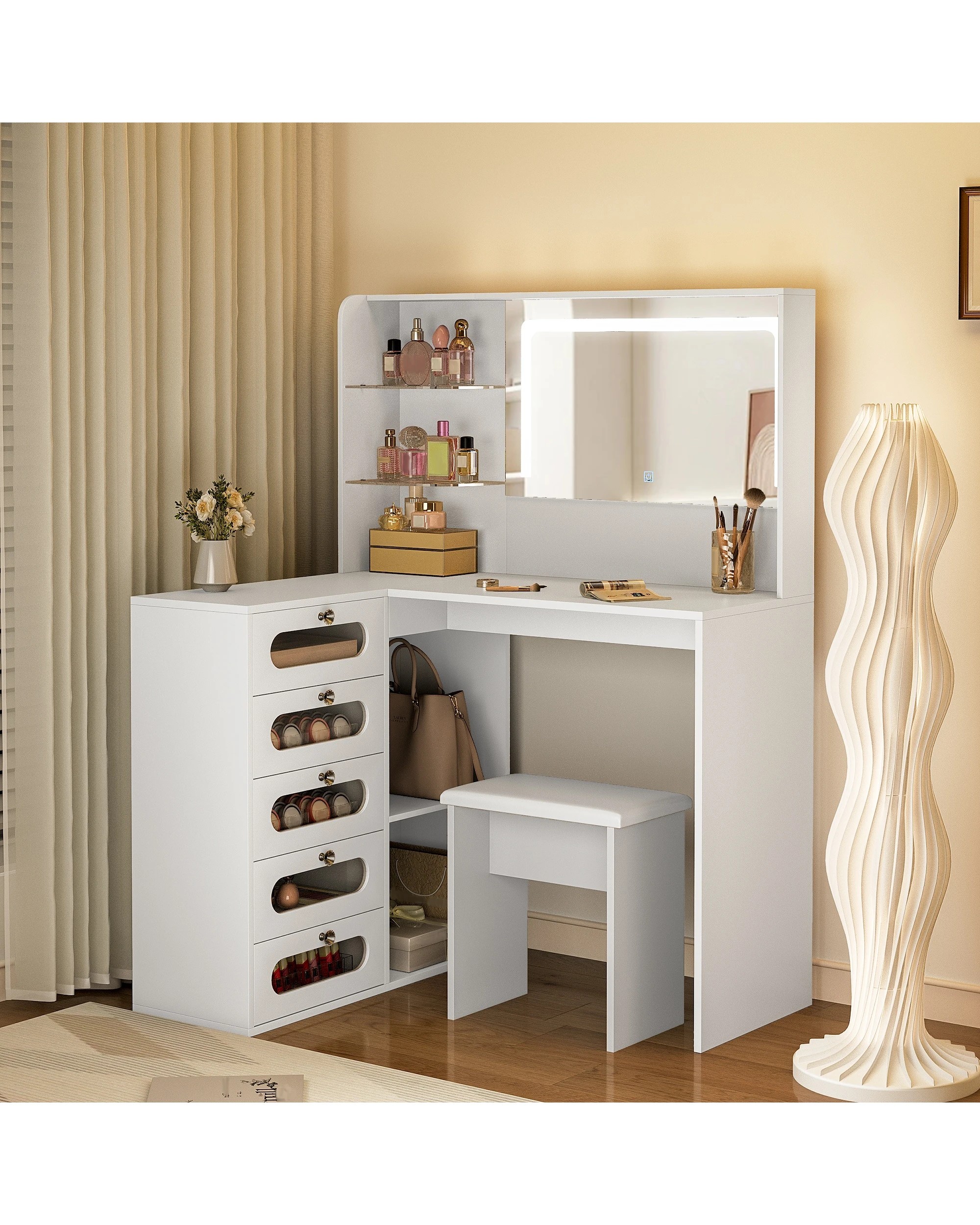 2 Advwin Corner Dressing Table L Shaped with Mirror and Lights 5 Drawers - White, 2 of 7