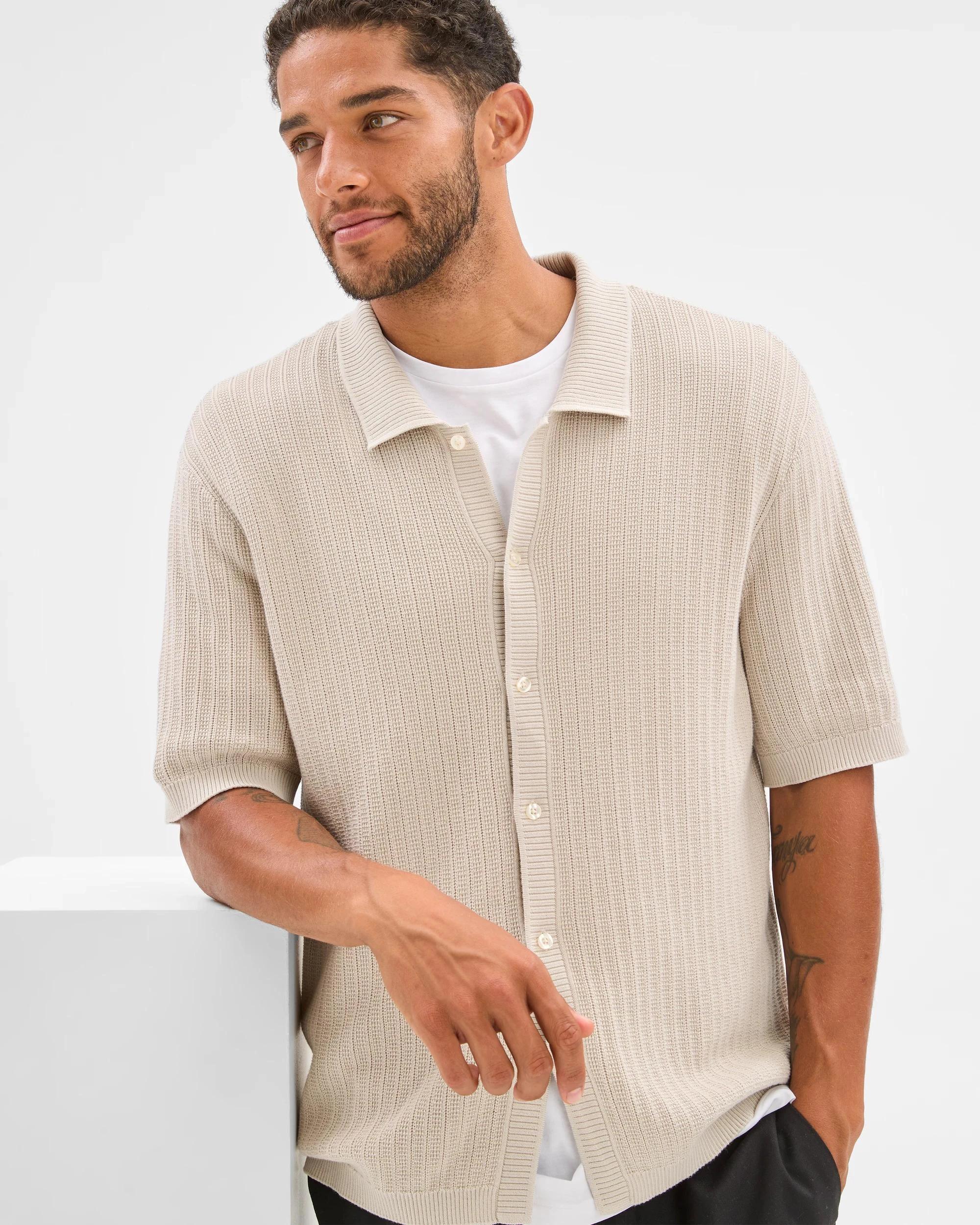 6 Australian Cotton Textured Stripe Knit Shirt - Preview NEUTRAL, 6 of 6