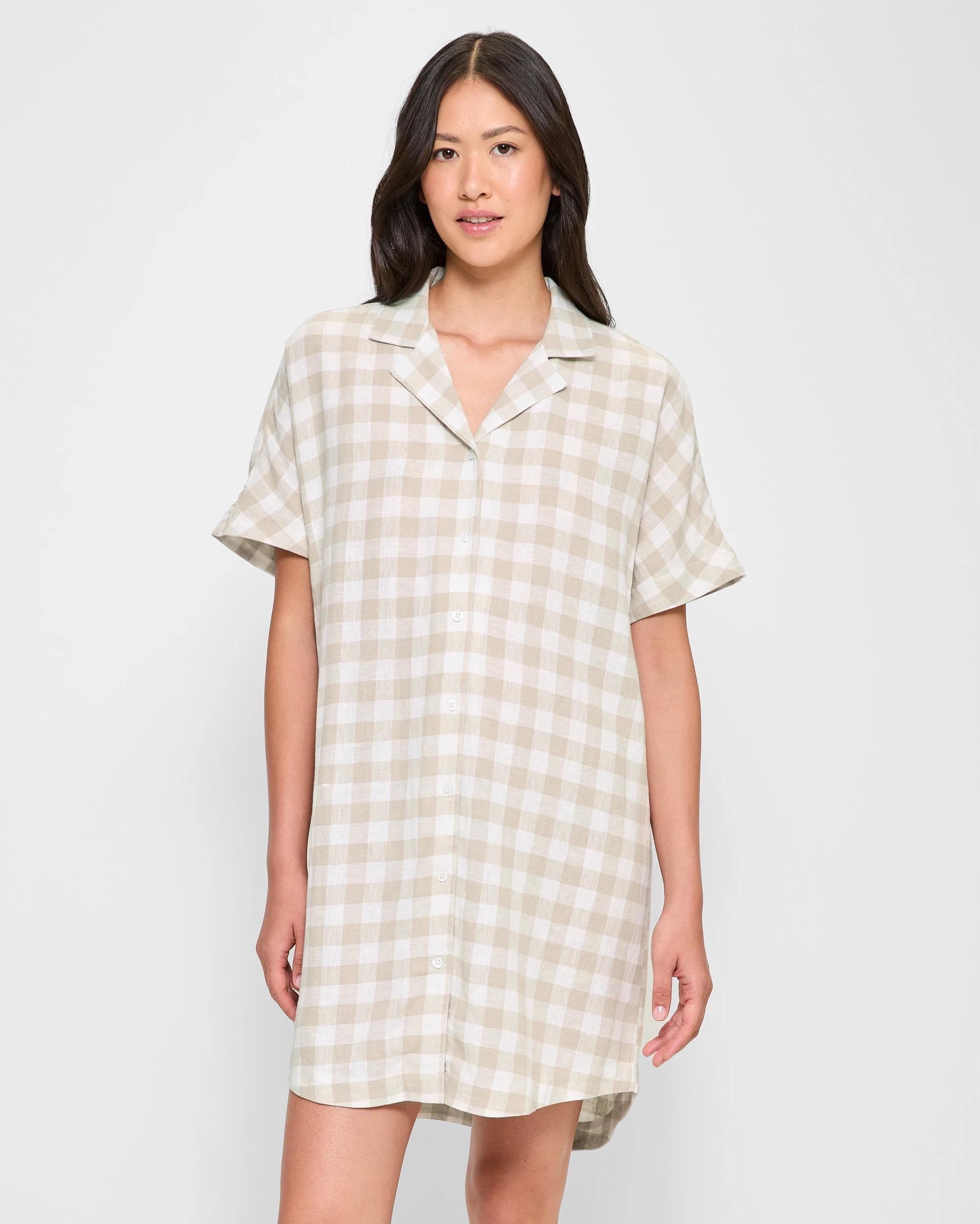 1 Target Womens Linen Blend Sleep Nightie NEUTRAL GINGHAM, 1 of 5