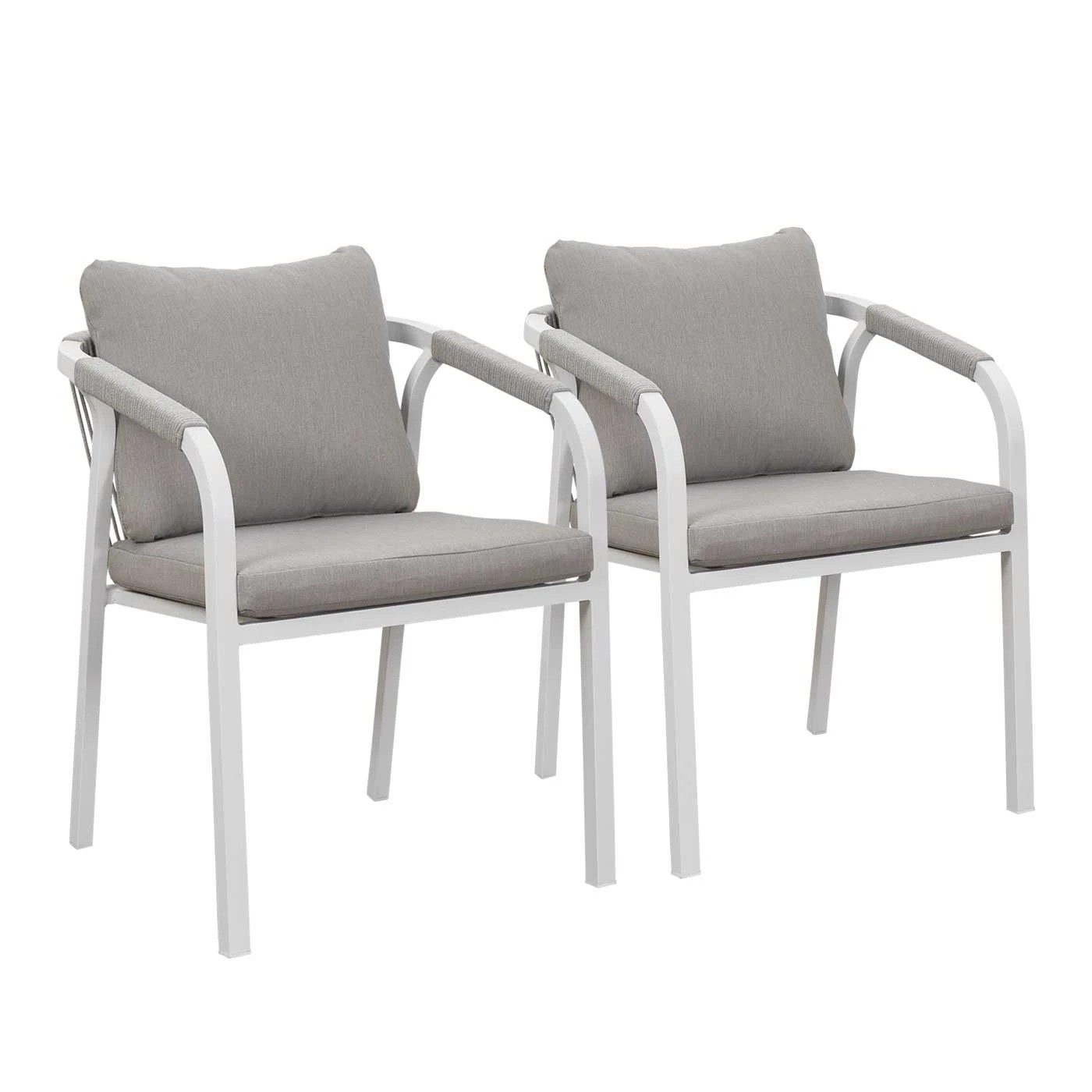 1 Moda Living La Perouse White Aluminium Outdoor Dining Chairs with Arms - Light Beige Rope and Cushion (Set of 2) - White, 1 of 10