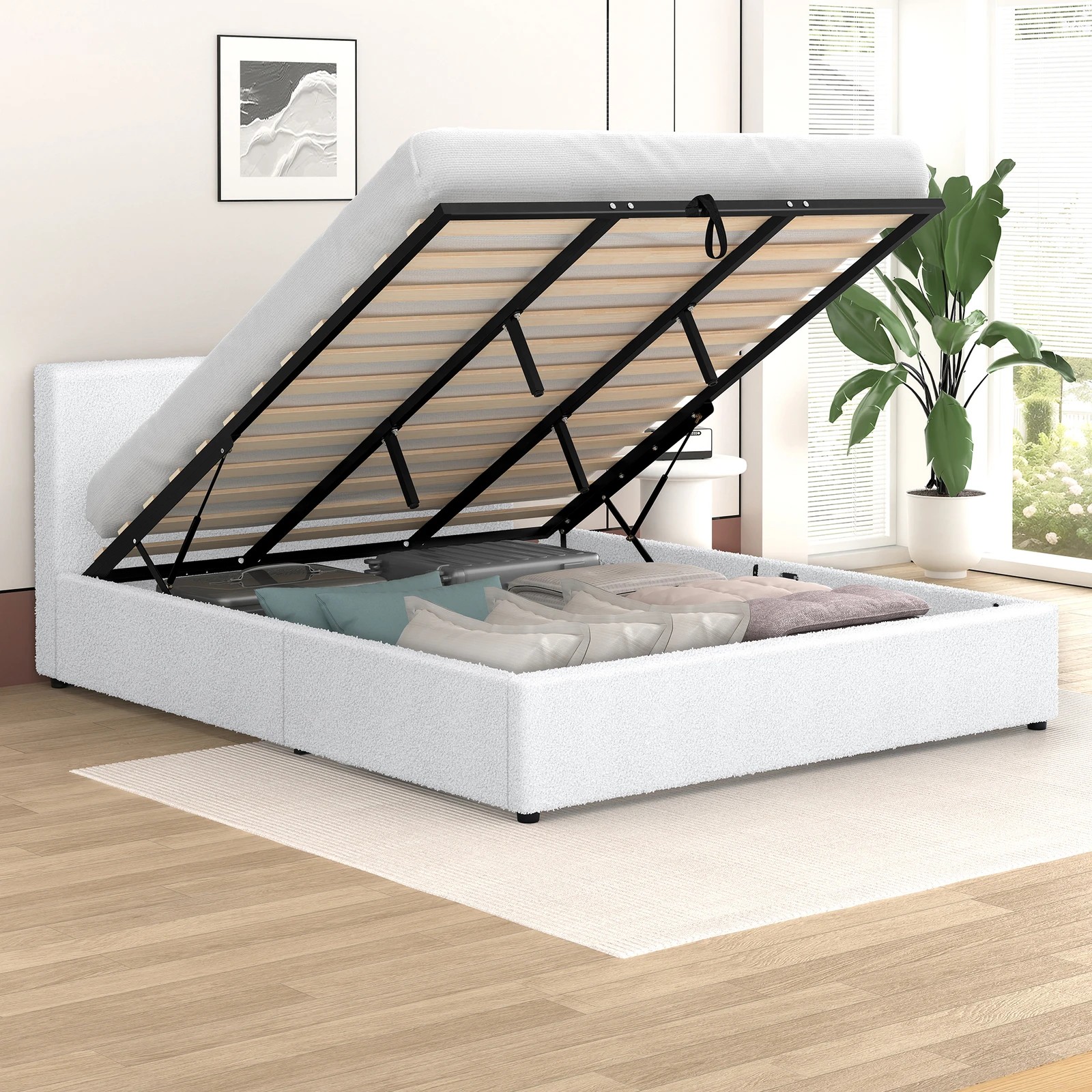 4 Alfordson Bed Frame King Size Gas Lift Storage Base Boucle Tricia - White, 4 of 10