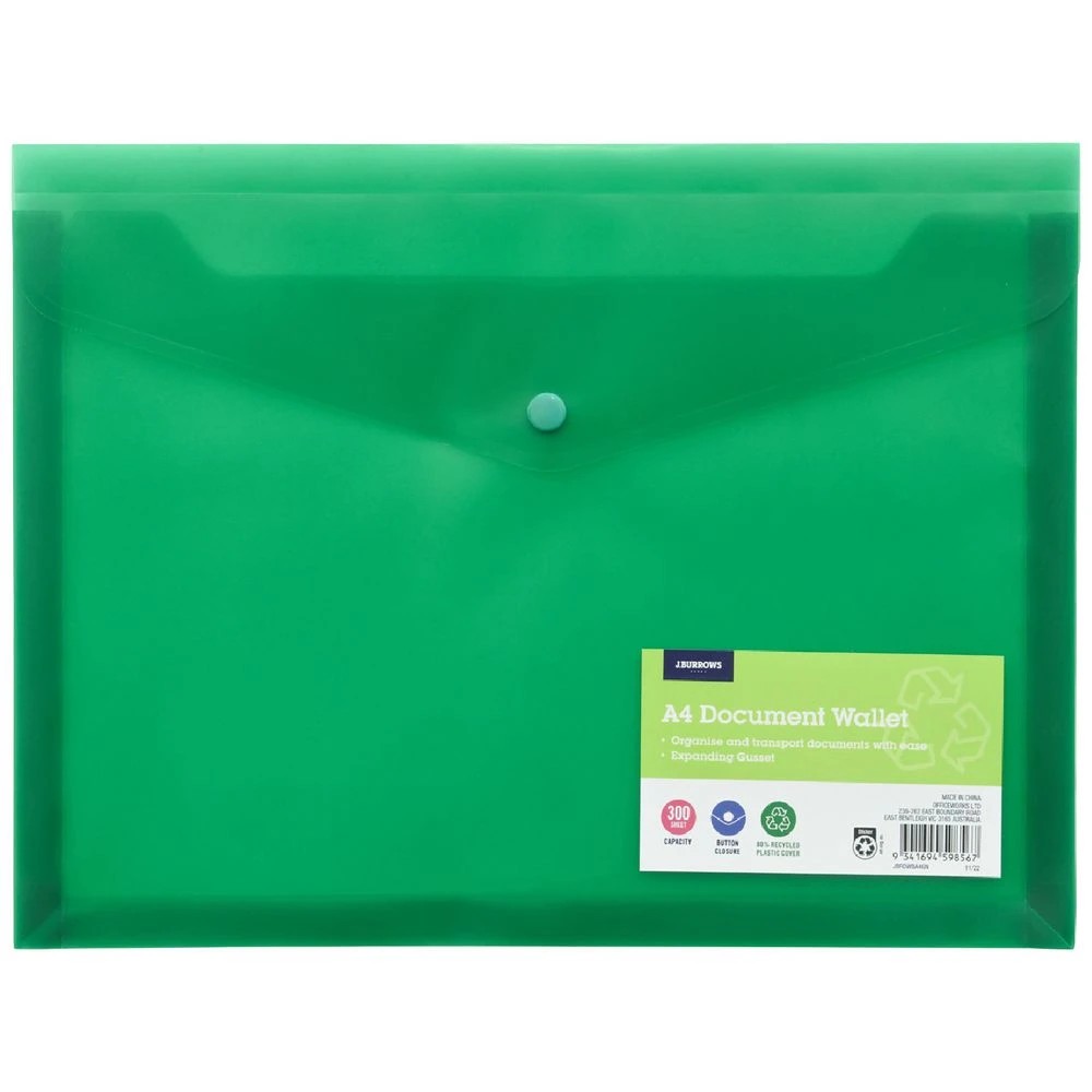 1 J.Burrows A4 Button Document Wallet Green, 1 of 5