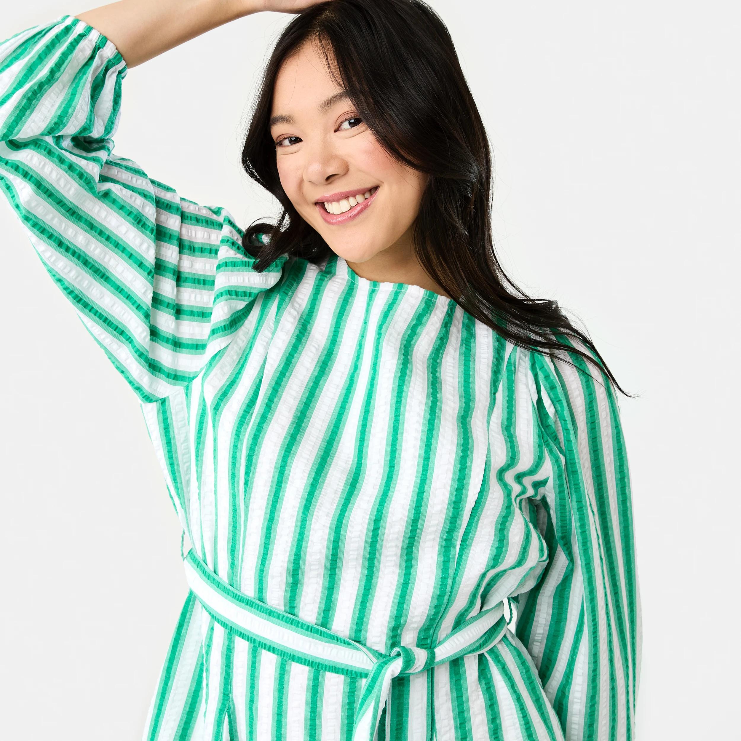 5 Long Balloon Sleeve Crew Neck Mini Dress S Strp Grn, 5 of 9