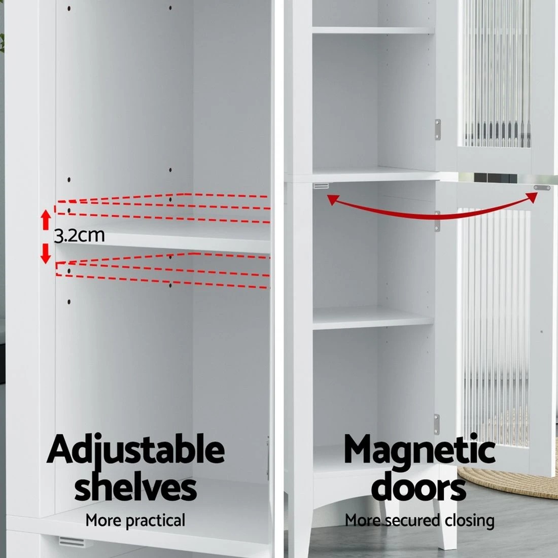 7 Artiss Bathroom Storage Cabinet 160cm Tall Slim Floor Cupboard Toilet Glass Door - White, 7 of 8