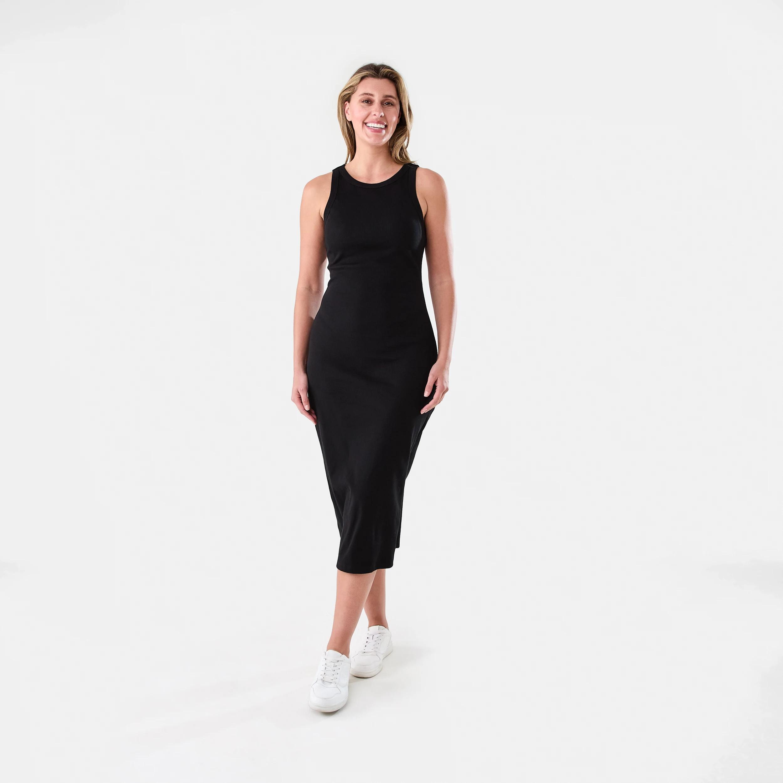 1 Sleeveless Padded Rib Midi Dress Black, 1 of 5