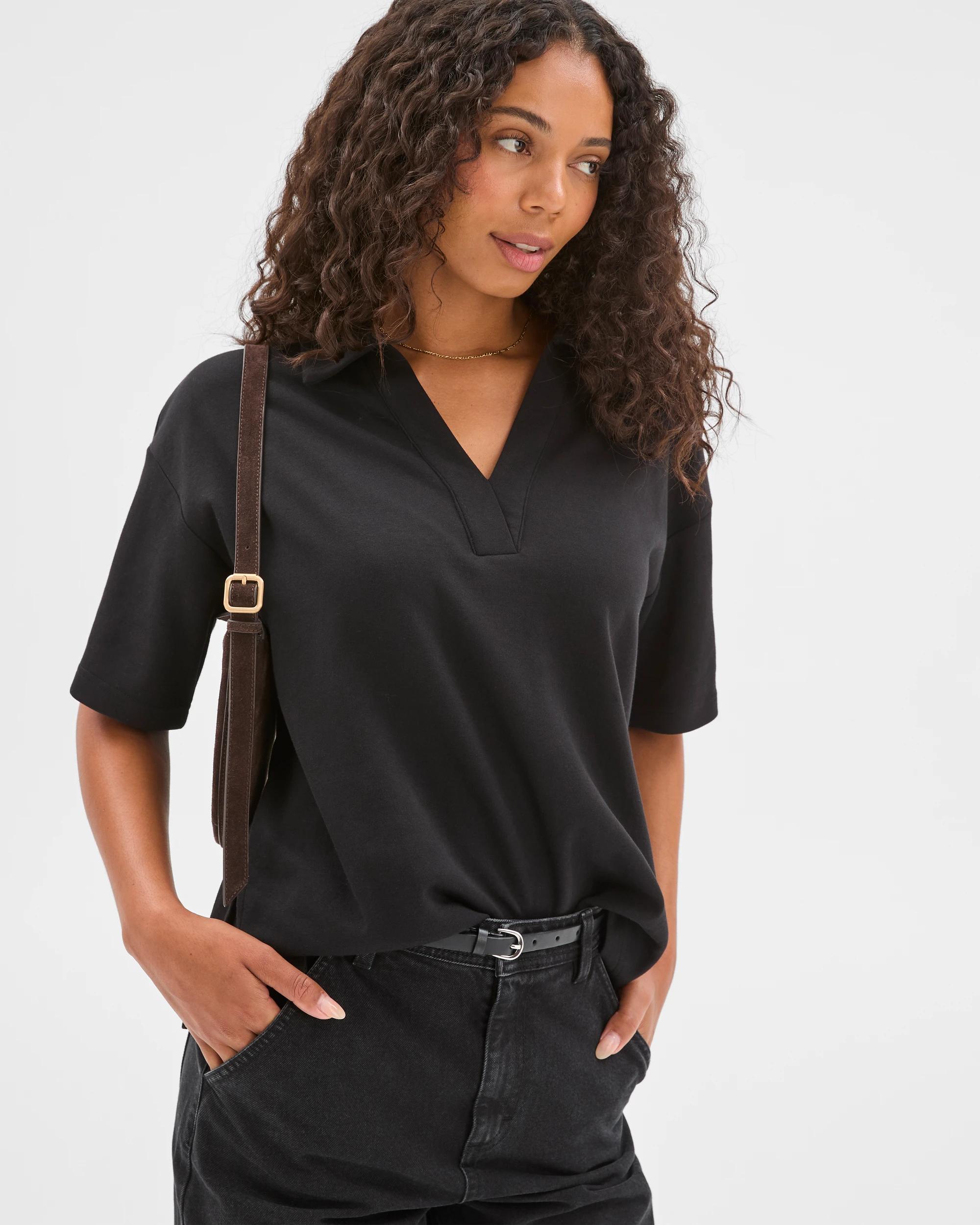 5 Target Woman Australian Cotton Blend Interlock Polo Neck T-Shirt BLACK, 5 of 7