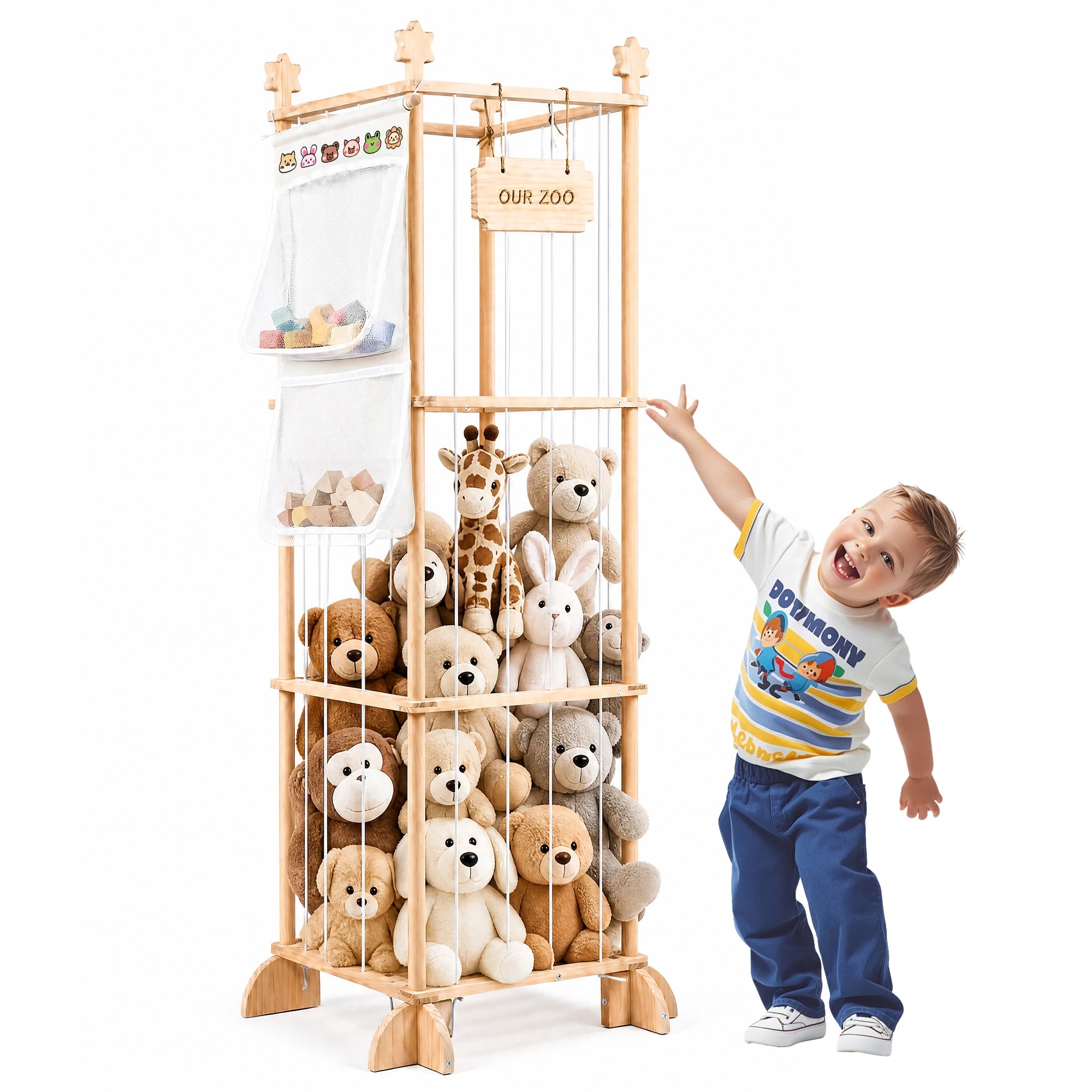 3 Advwin Stuffed Animal Storage Organizer  Toy Organizer with Elastic Cords & Storage Bag - Wood, 3 of 9