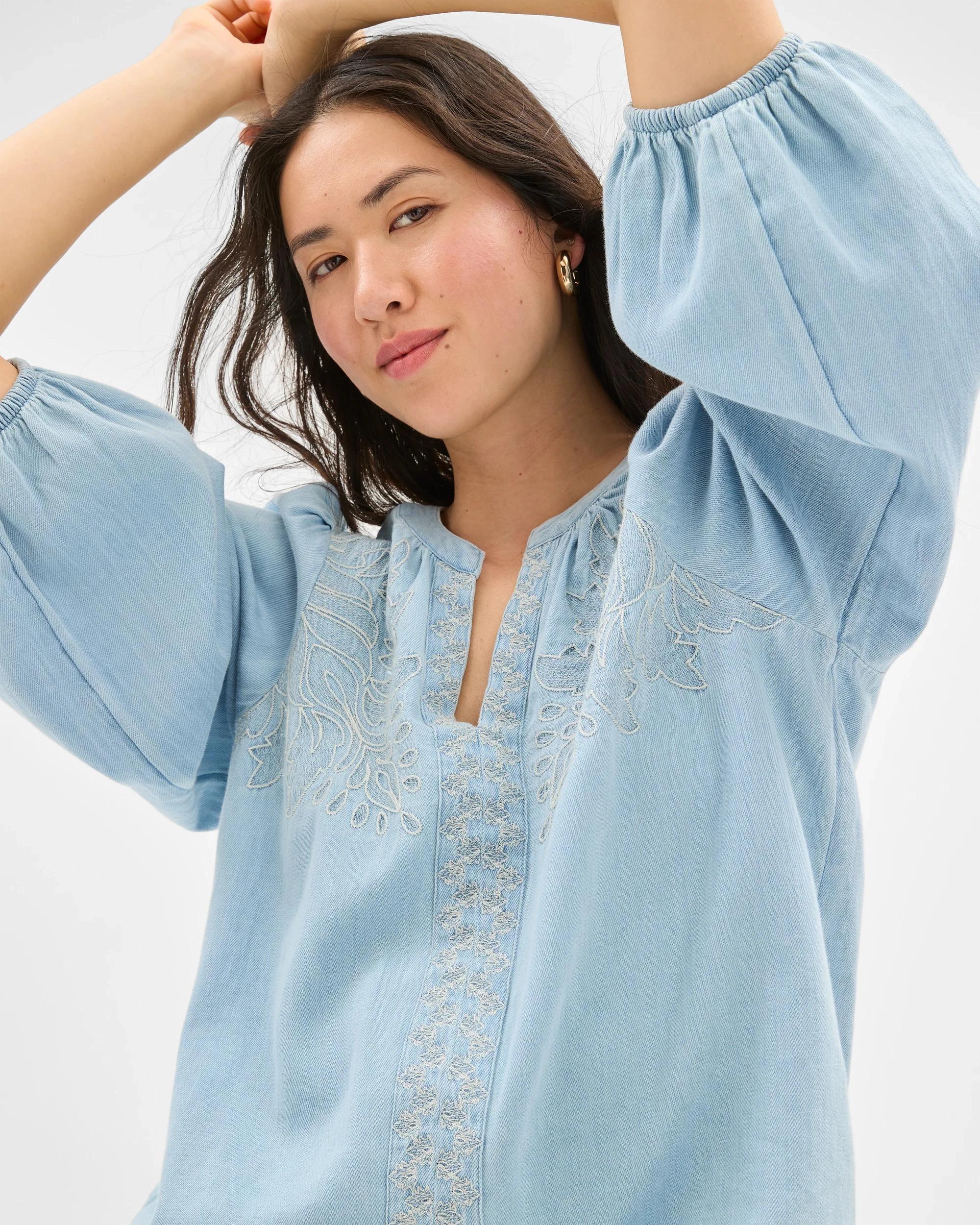 6 Target 3/4 Sleeve Chambray Embroidered Blouse CHAMBRAY, 6 of 7