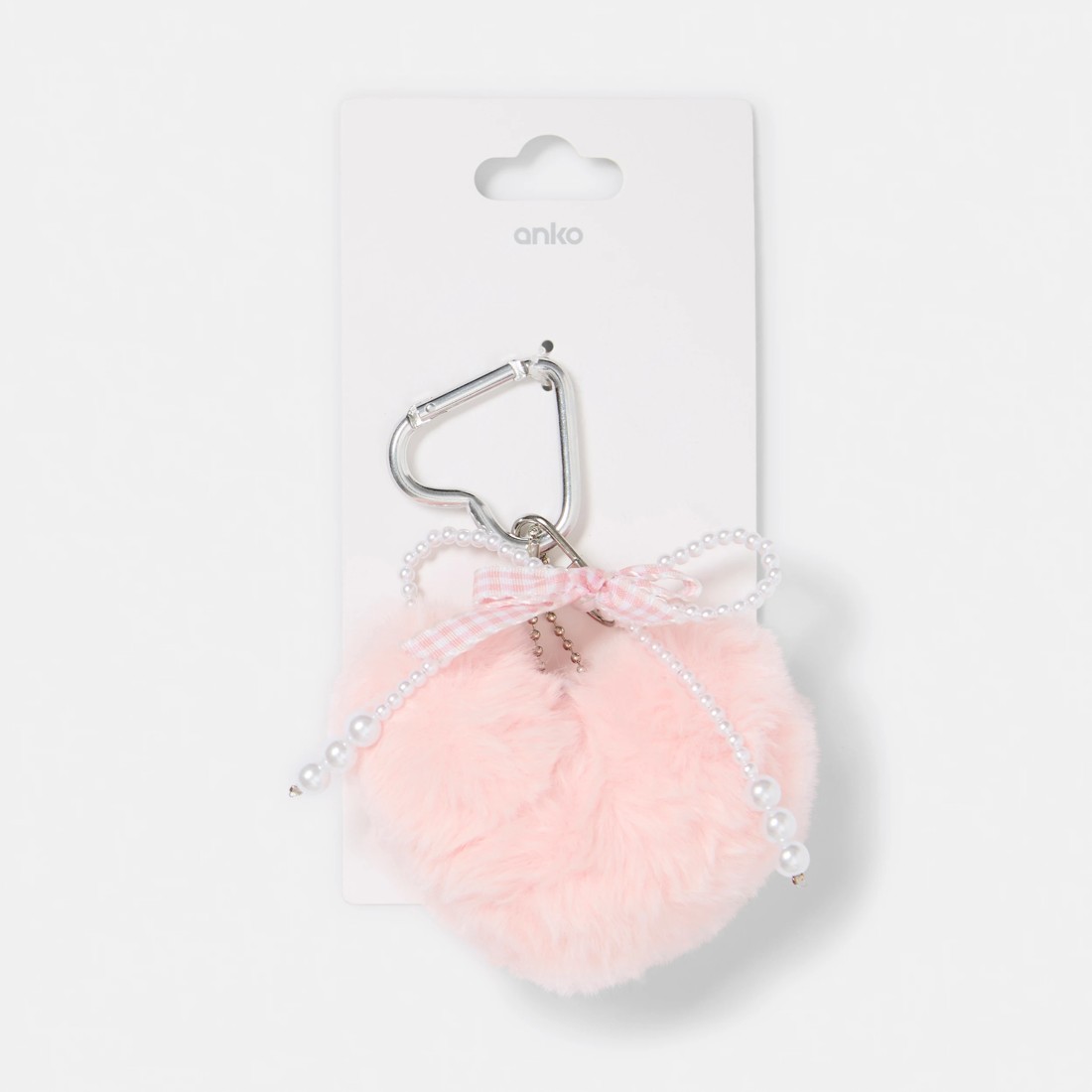2 Fluffy Heart Charm Keyring - Silver Tone, White and Pink, 2 of 2