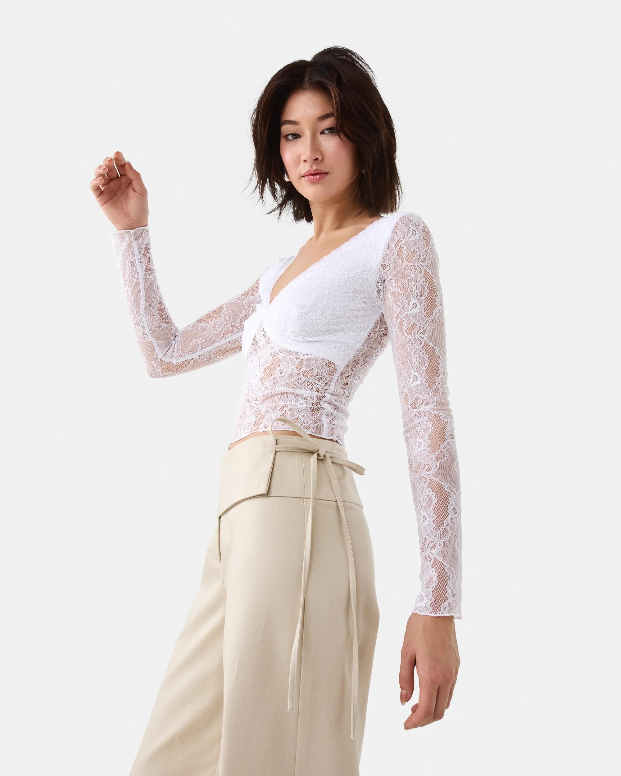 9 Long Sleeve Lace V-Neck Top White, 9 of 9