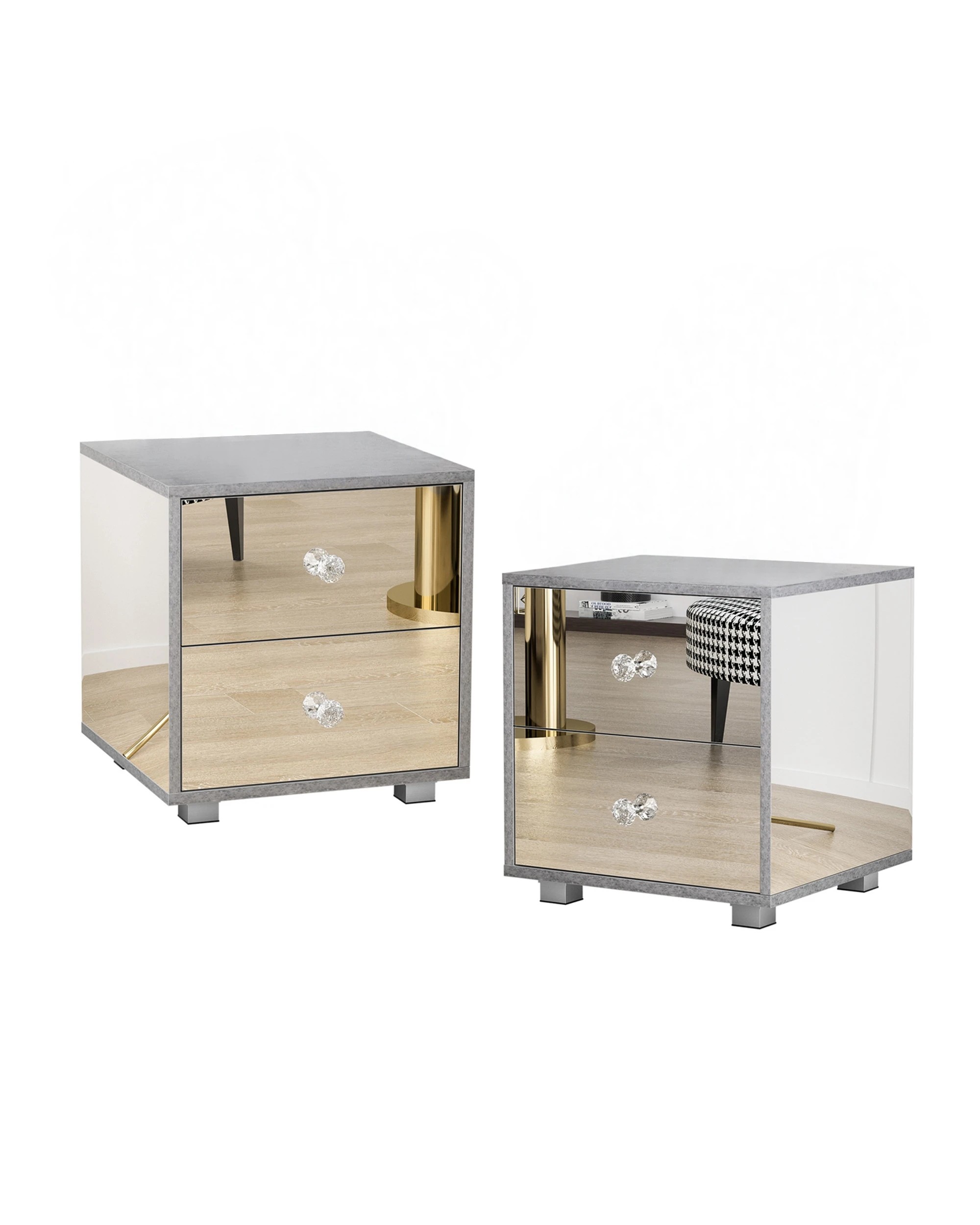 1 Advwin 2 Drawers Bedside Table Set of 2 Mirrored Nightstand, 1 of 8