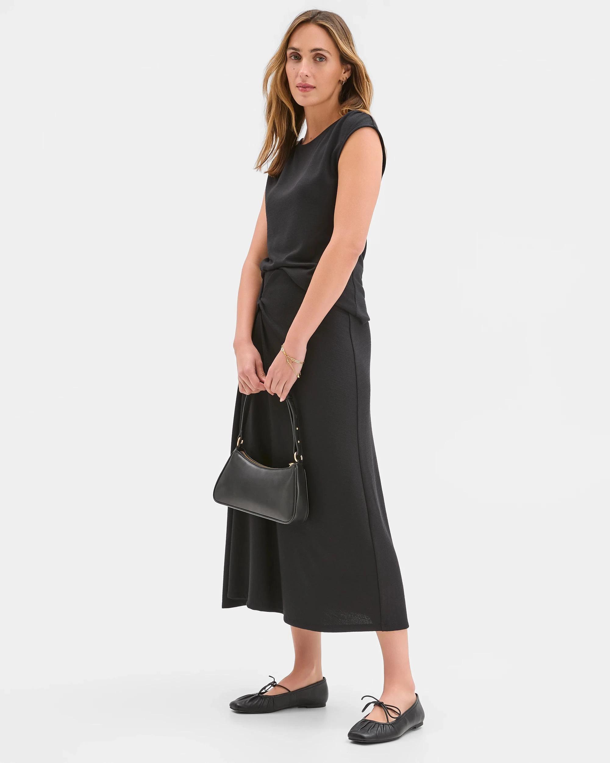 3 Preview Drape Knit Midi Length Skirt BLACK, 3 of 5