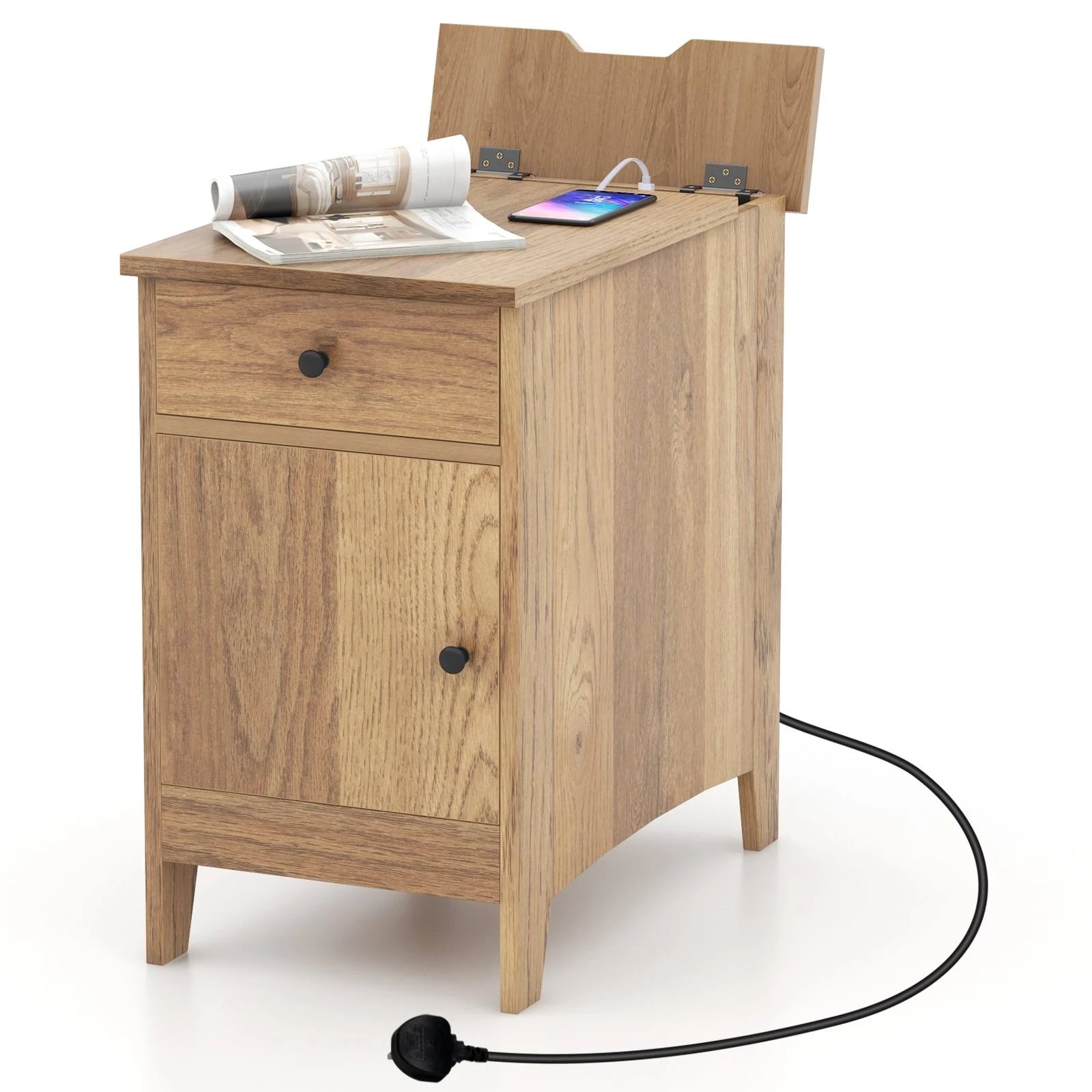 2 Costway End Table Side Table Narrow Nightstand Bedside Table w/USB Ports & Outlets, 2 of 2