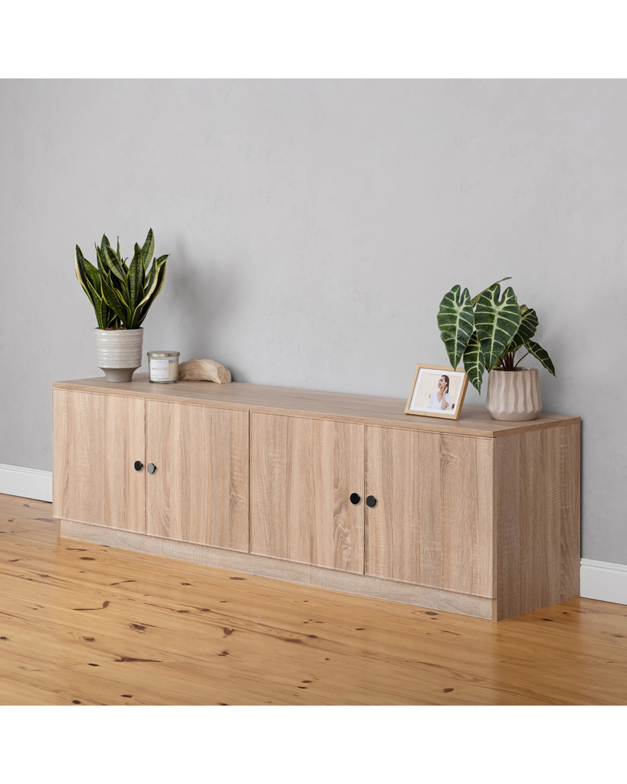 3 European Cabinetry Bucharest Oak Slim TV Unit Furniture Round Handle - Natural, 3 of 4