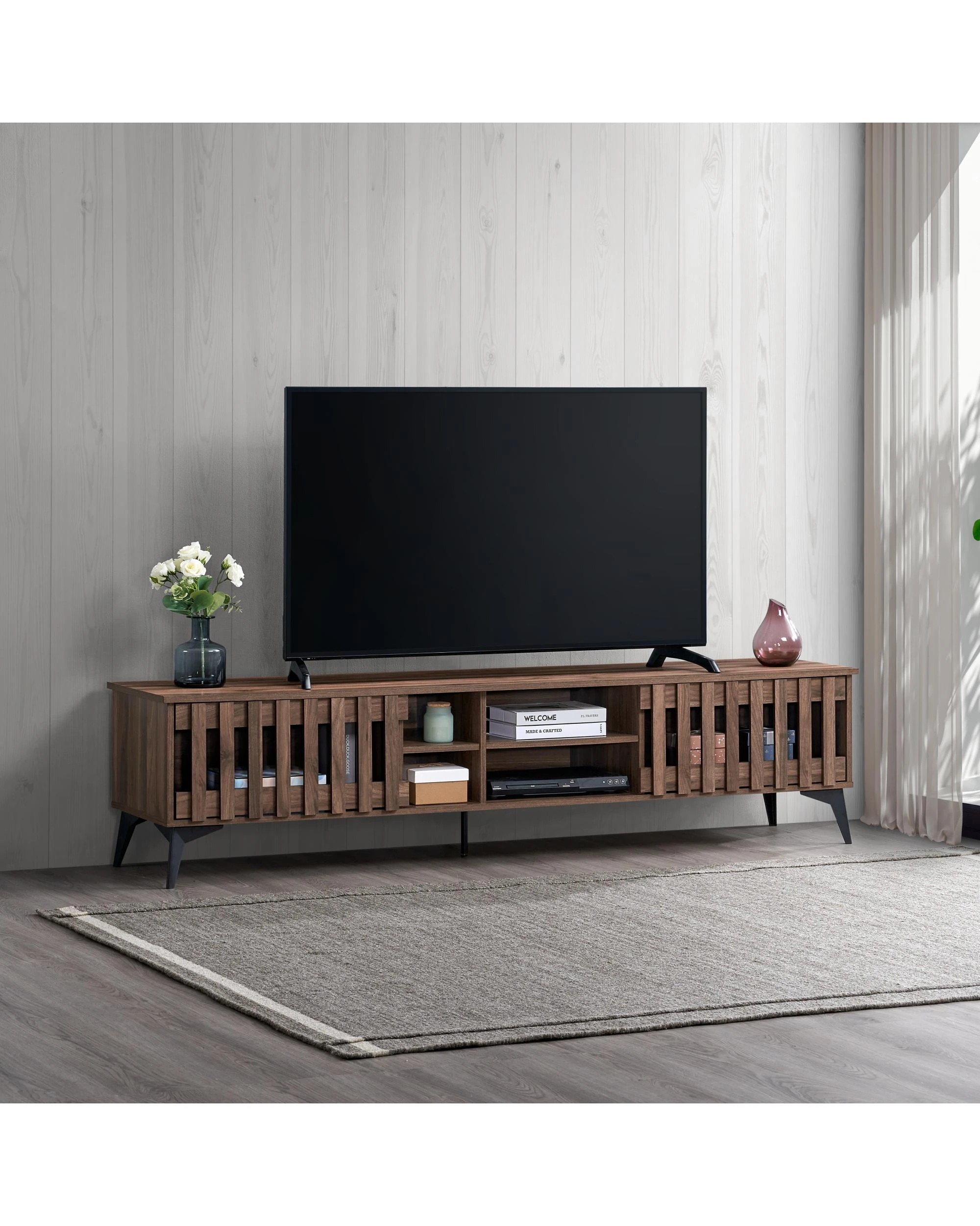 3 Kodu Entertainment Unit TV Cabinet TV Stand 180cm 2 Doors Walnut - Brown, 3 of 8