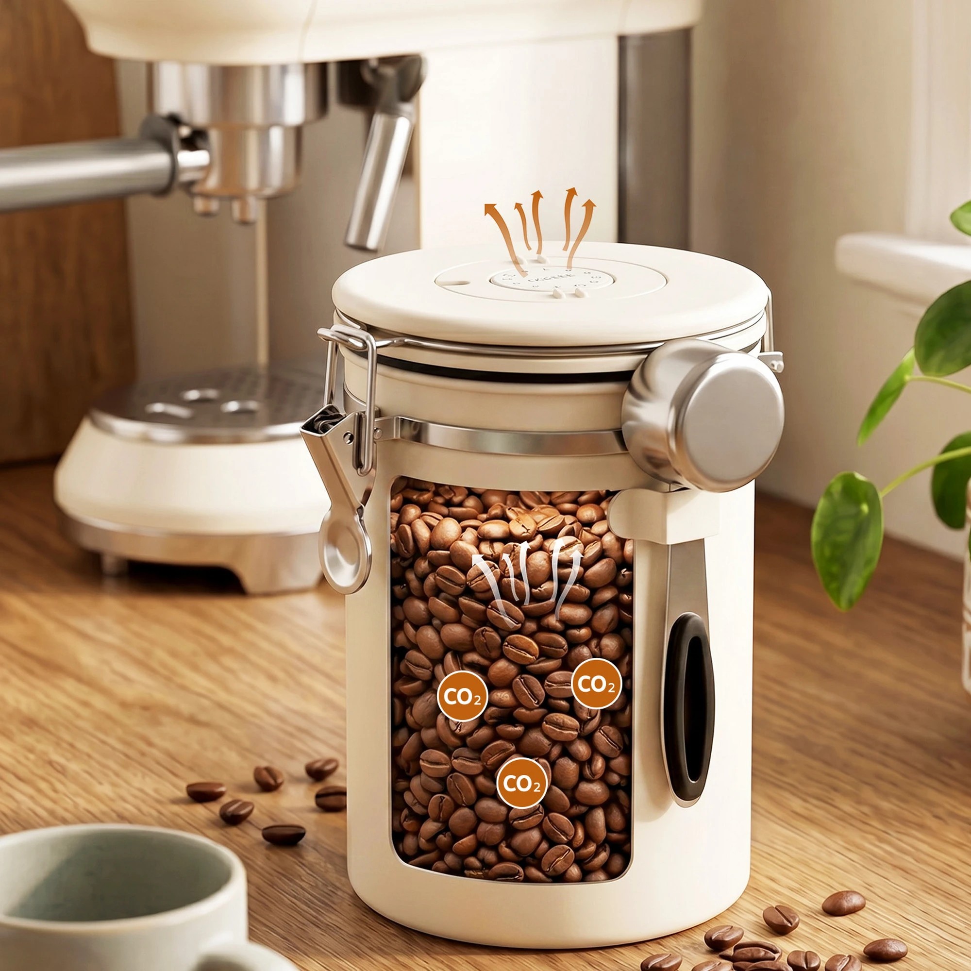 5 5-Star Chef 1.8L Stainless Steel Coffee Bean Storage Container Coffee Canister with Window & Scoop Coffee Jar - Beige, 5 of 9