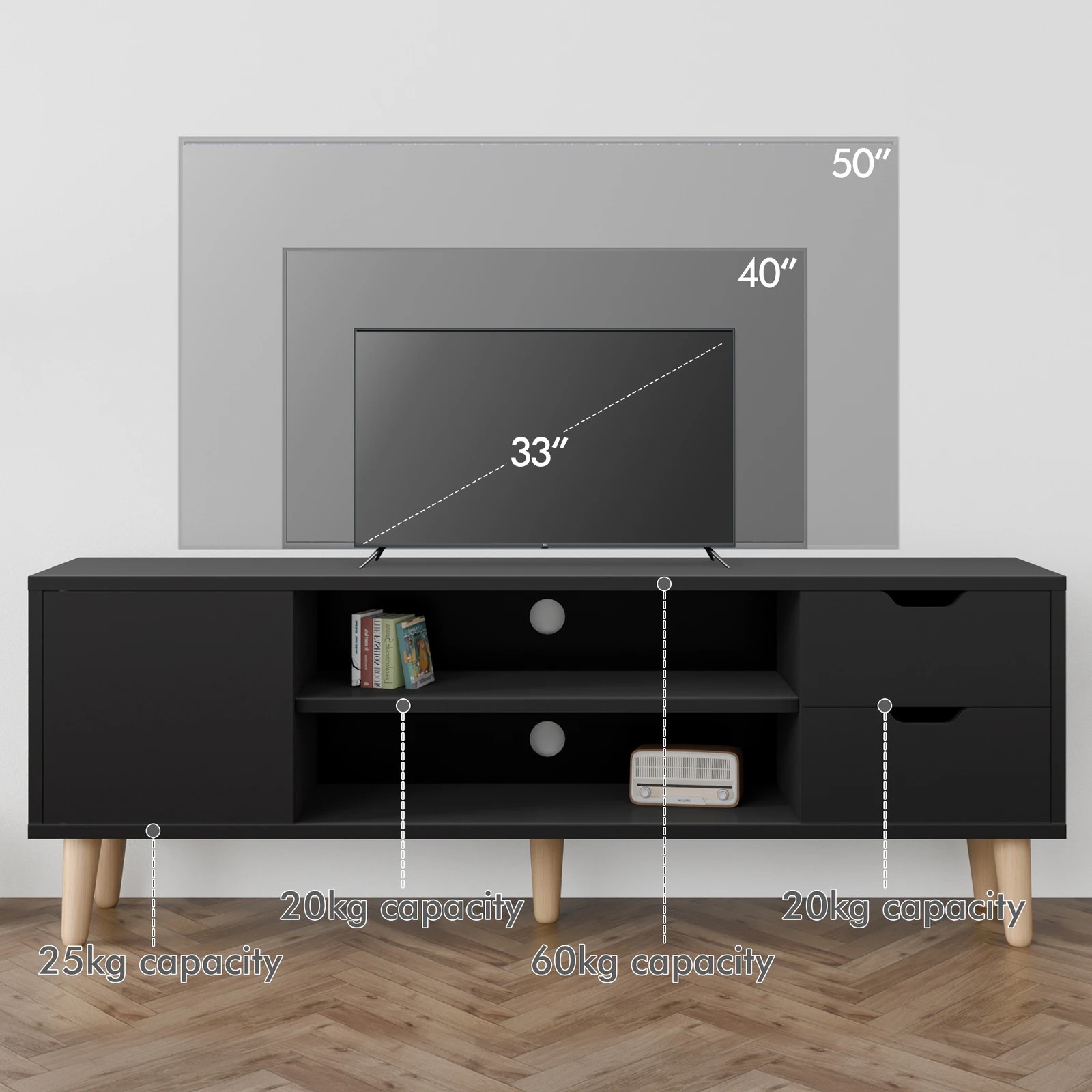 8 Alfordson Entertainment Unit 120cm TV Cabinet Stand Storage Drawer - Black, 8 of 10