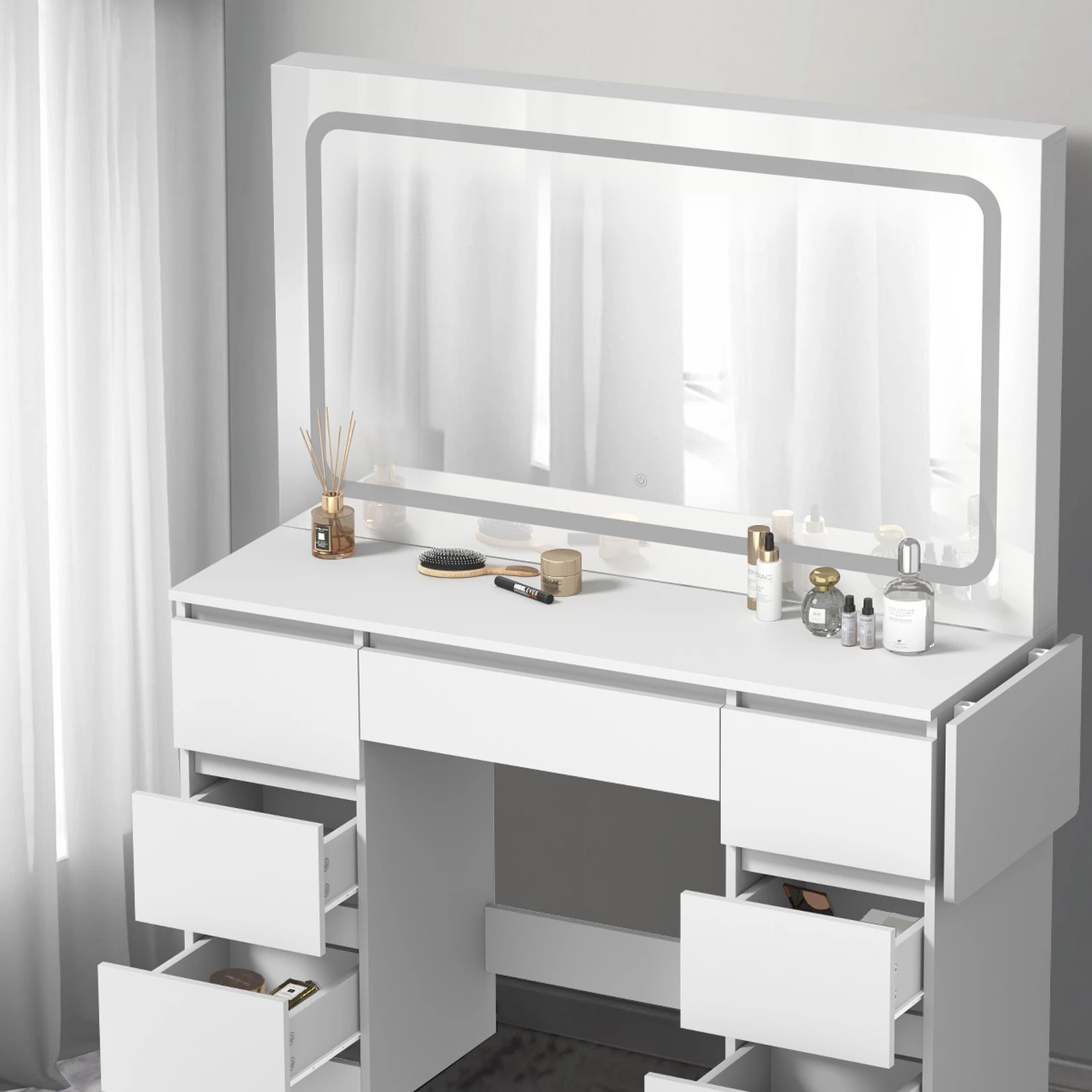 6 Oikiture Dressing Table Stool Set with LED Makeup Mirror Vanity Desk 7 Drawers - White, 6 of 8