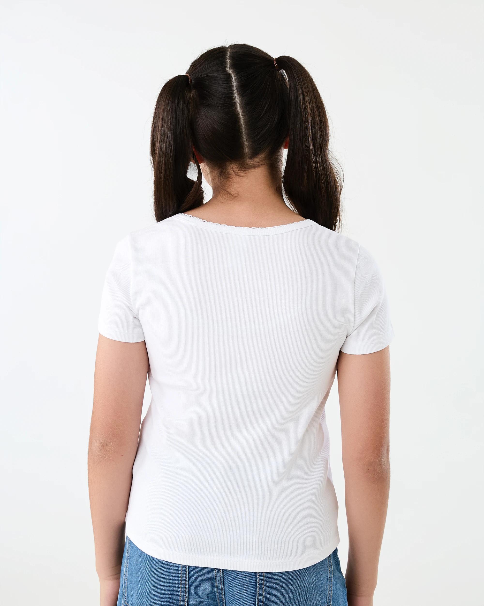 2 Short Sleeve Lace Trim Rib T-shirt Snw White, 2 of 6