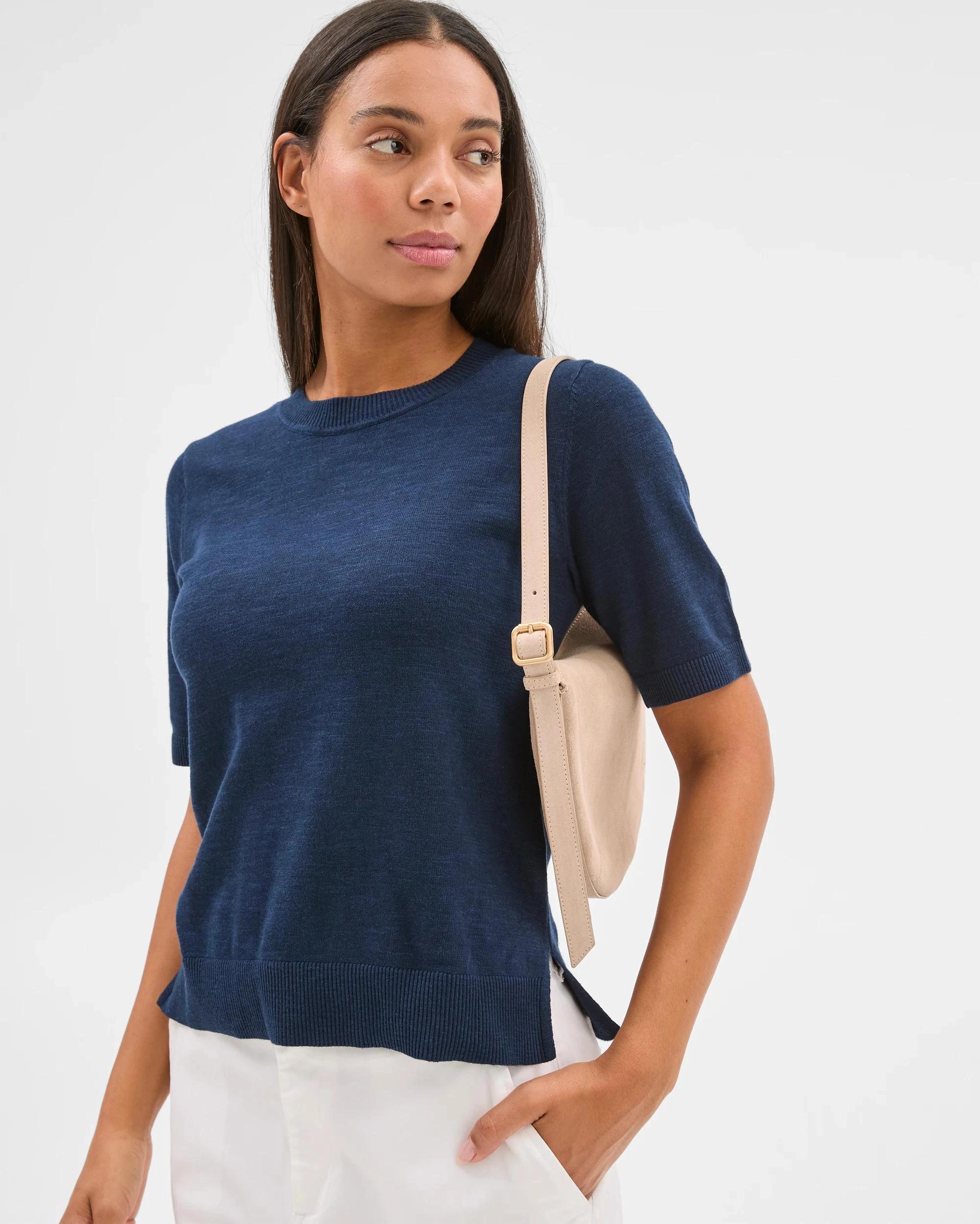 1 Target Australian Cotton/Linen Blend Knitted T-Shirt NAVY, 1 of 6