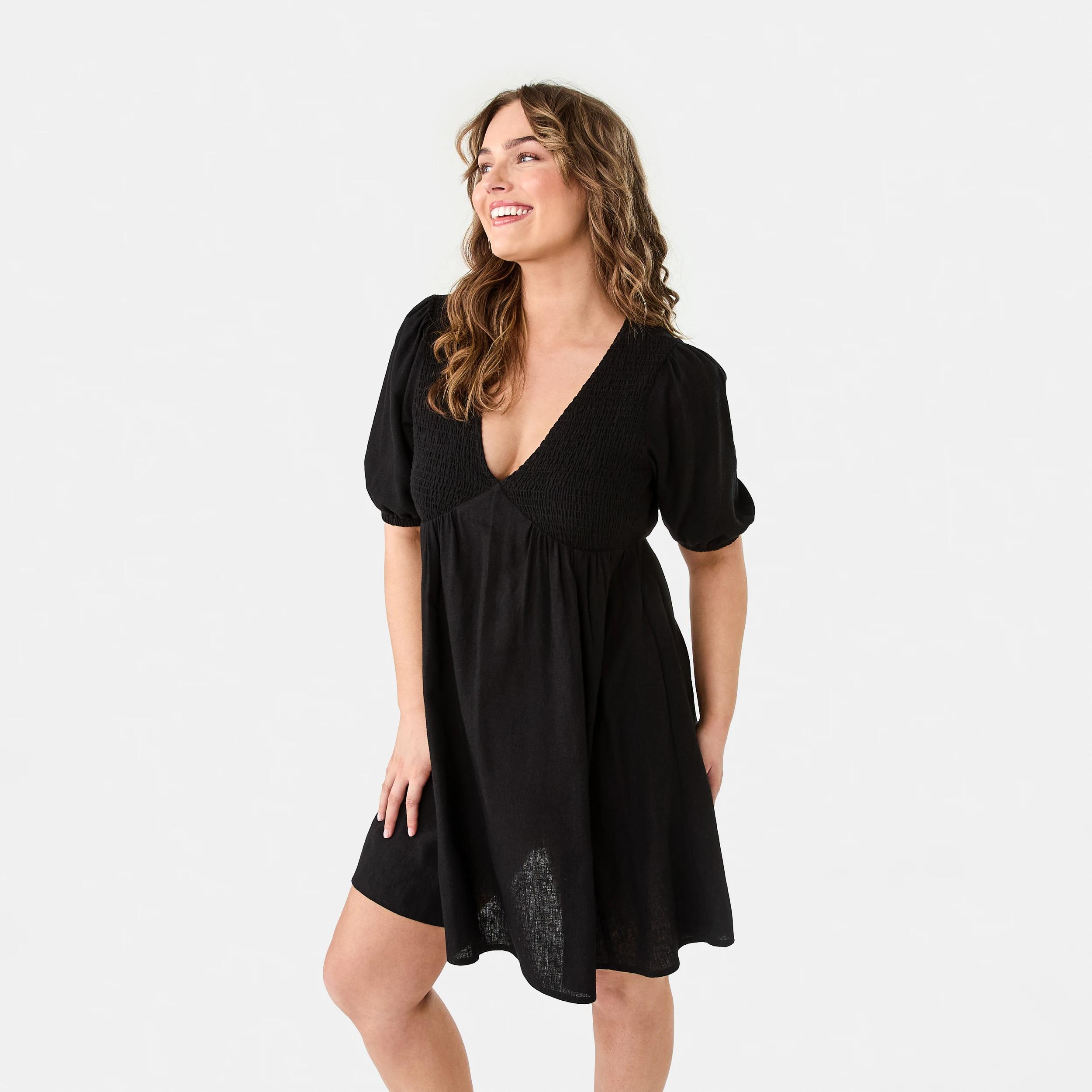 3 Short Sleeve Shirred V-Neck Mini Dress BLACK, 3 of 9