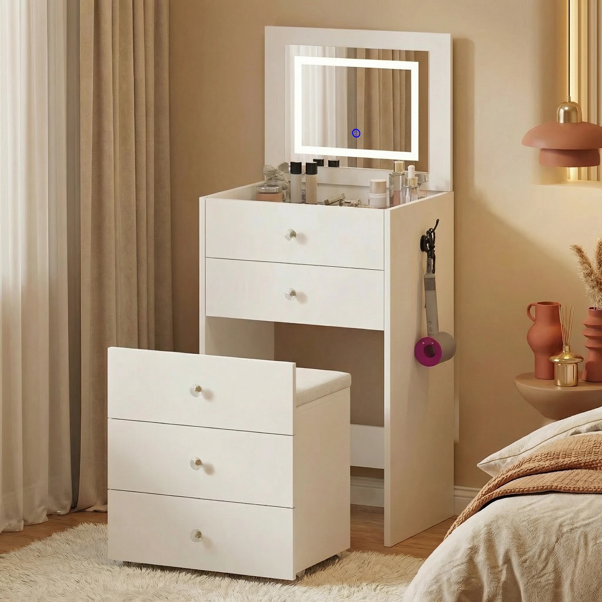 2 Advwin Makeup Vanity Desk w/ Flip Top LED Mirror Glass Desktop 4 Drawers - White, 2 of 10