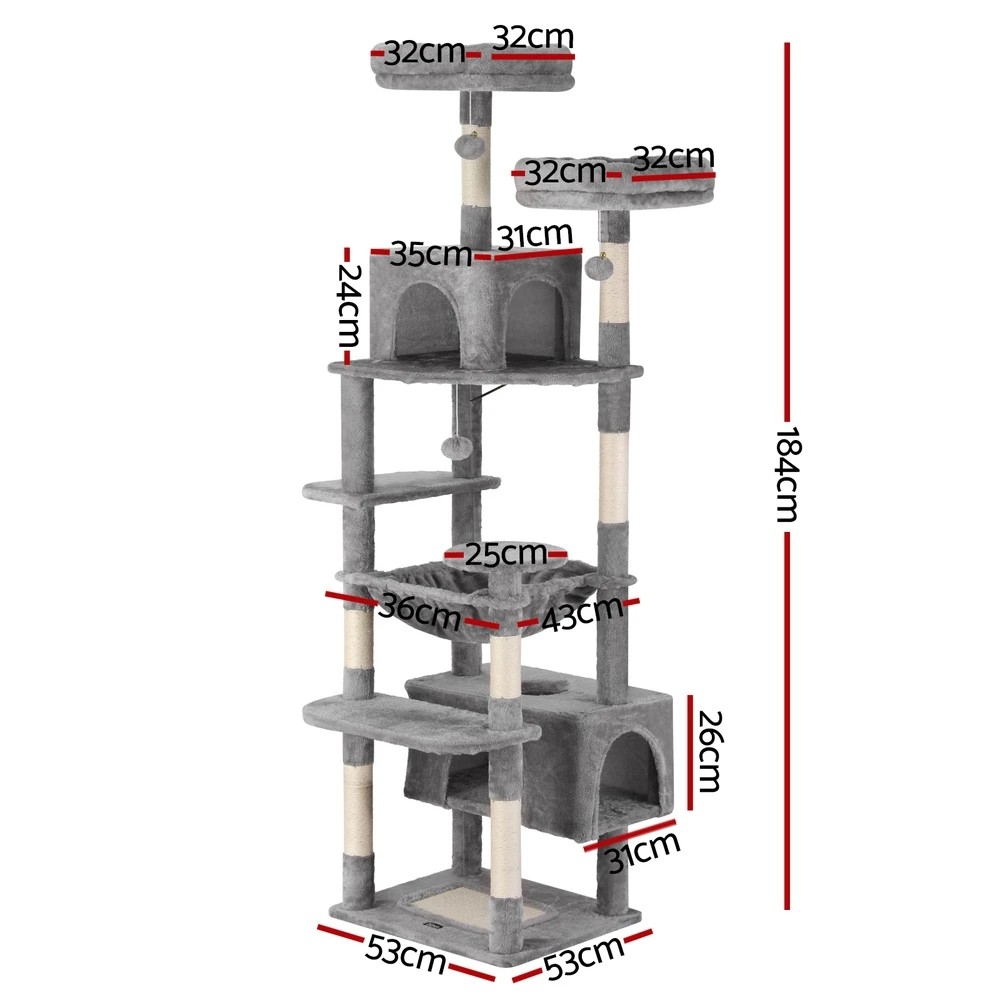 2 i.Pet Cat Tree 184cm Tower Scratching Post Trees Scratcher Condo House Light - Grey, 2 of 5