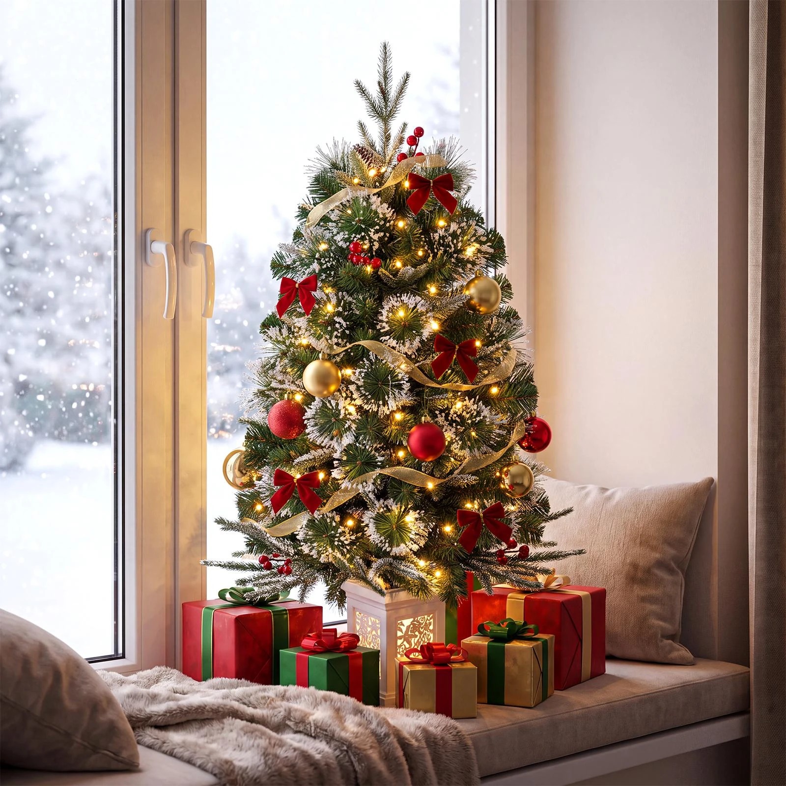 3 Costway 90cm Pre-Lit Potted Christmas Tree Artificial Frosted Xmas Tree w/Red Berries, 3 of 6