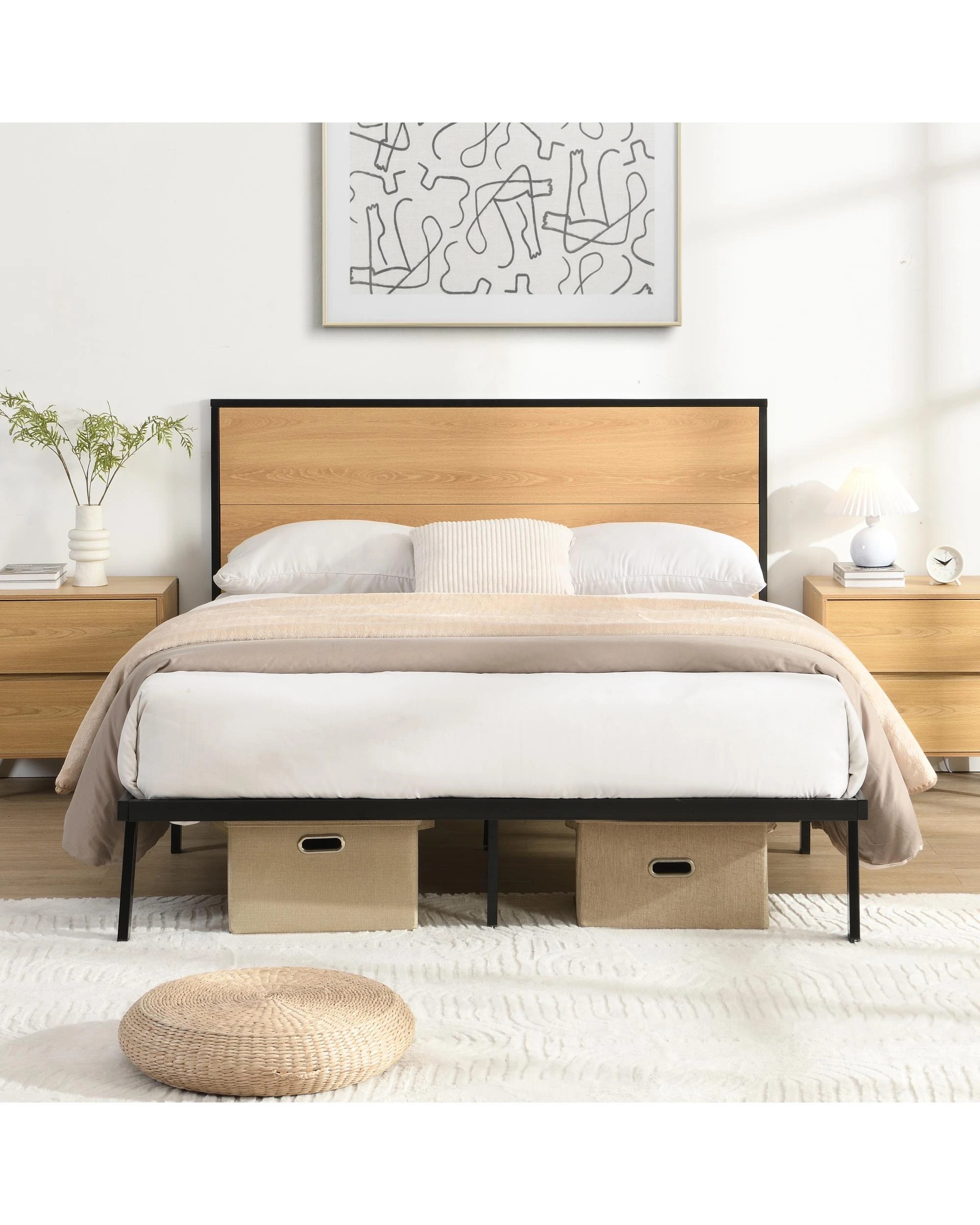 2 Kodu Metal and Wood Look Bed Frame Double Size Black and Oak - Natural, 2 of 10