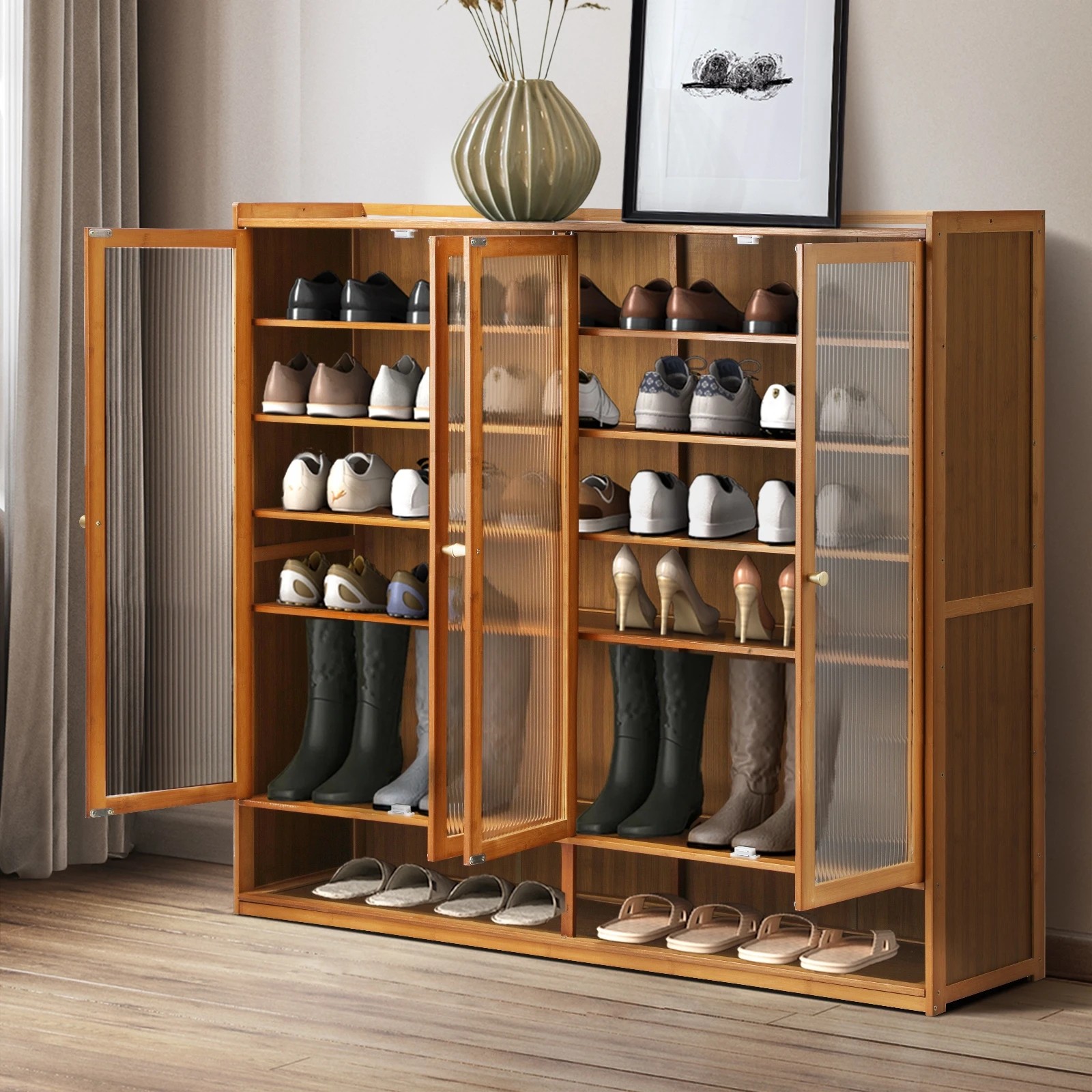 3 Oikiture Shoe Cabinet Shoes Storage Rack Organiser 4 Doors Shelf
 - Brown, 3 of 9