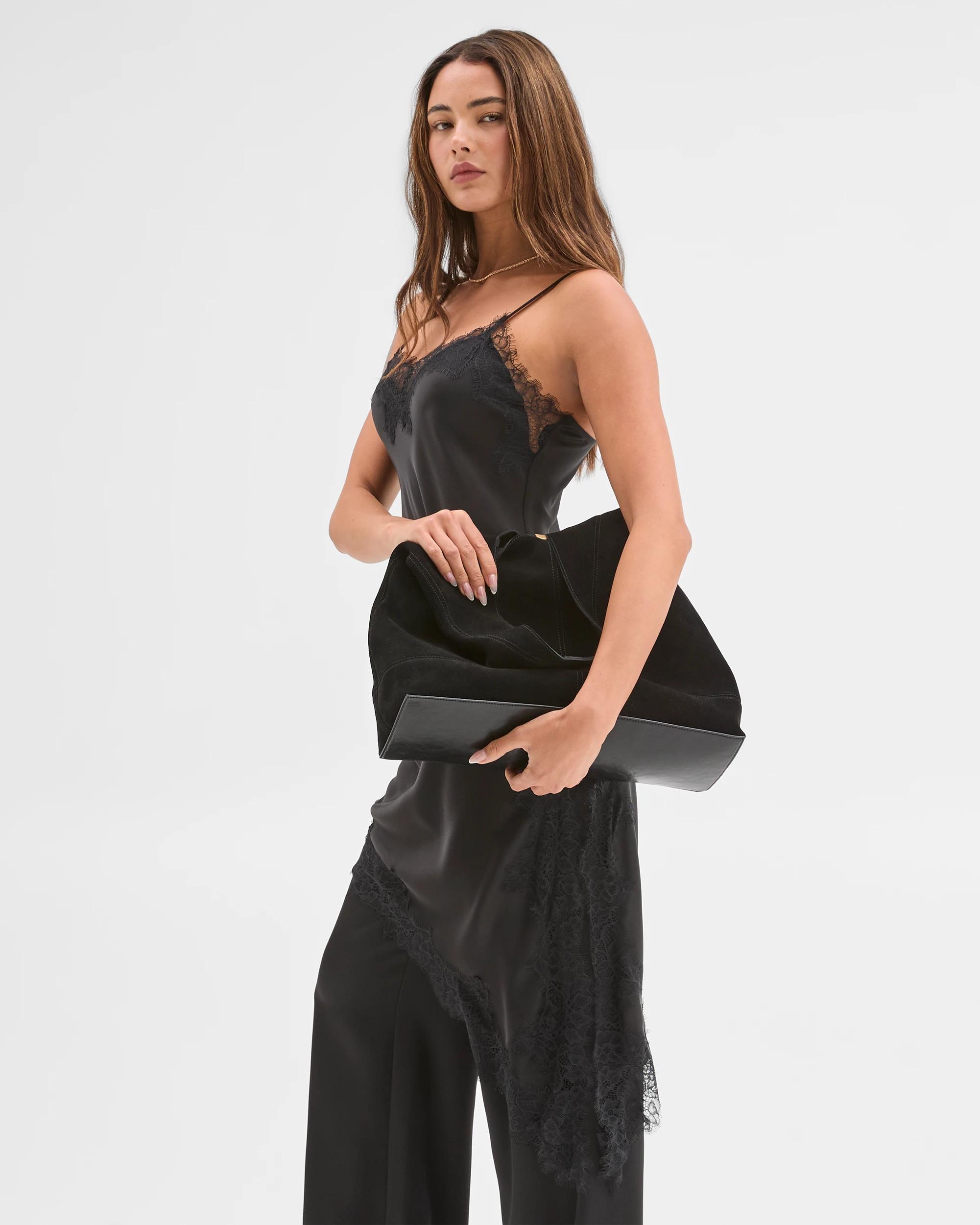 2 Lily Loves Satin Lace Trim Cami Midi Dress BLACK, 2 of 6