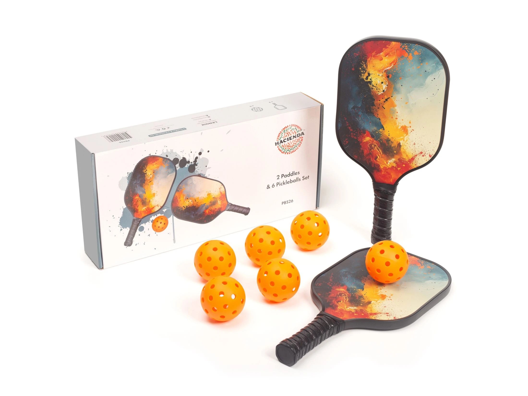 1 Hacienda Pickleball Set with 6 Aerodynamic Balls and 2 Fiberglass Paddles, 1 of 6