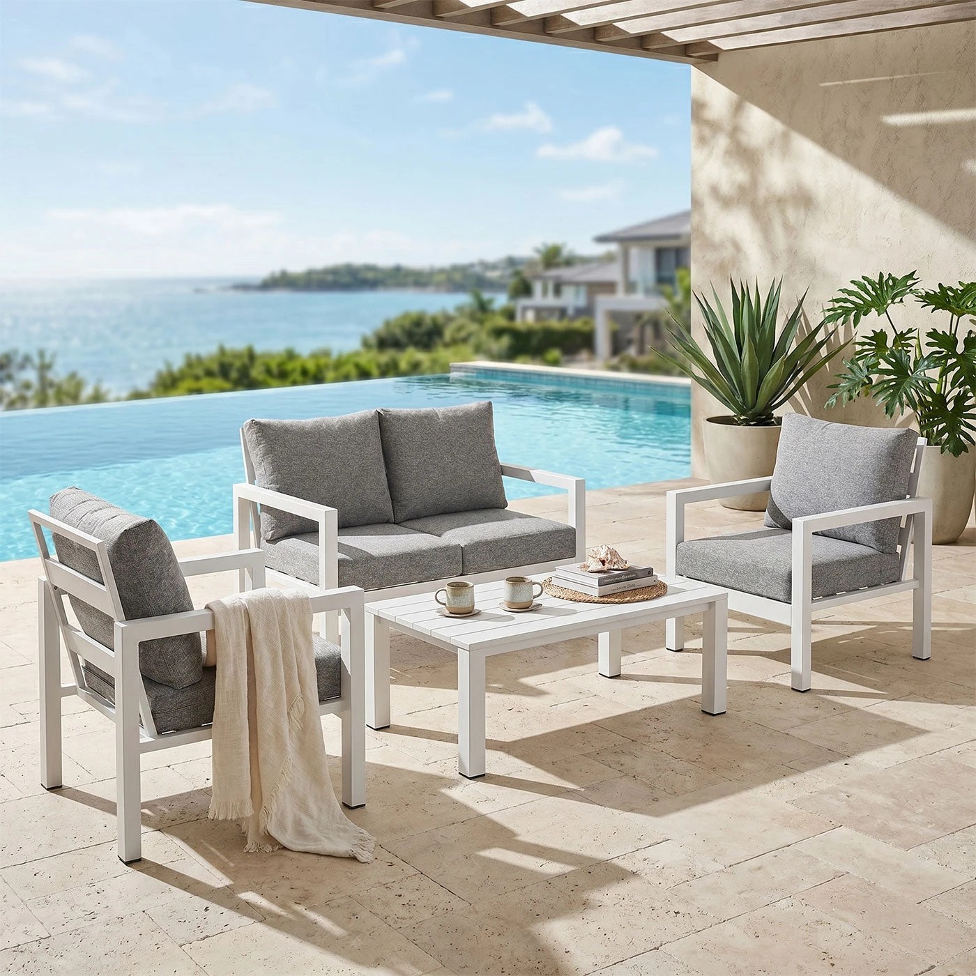 2 Moda Living Manly 4 Seater White Aluminium Sofa Lounge Set - Textured Grey Cushions - White, 2 of 10