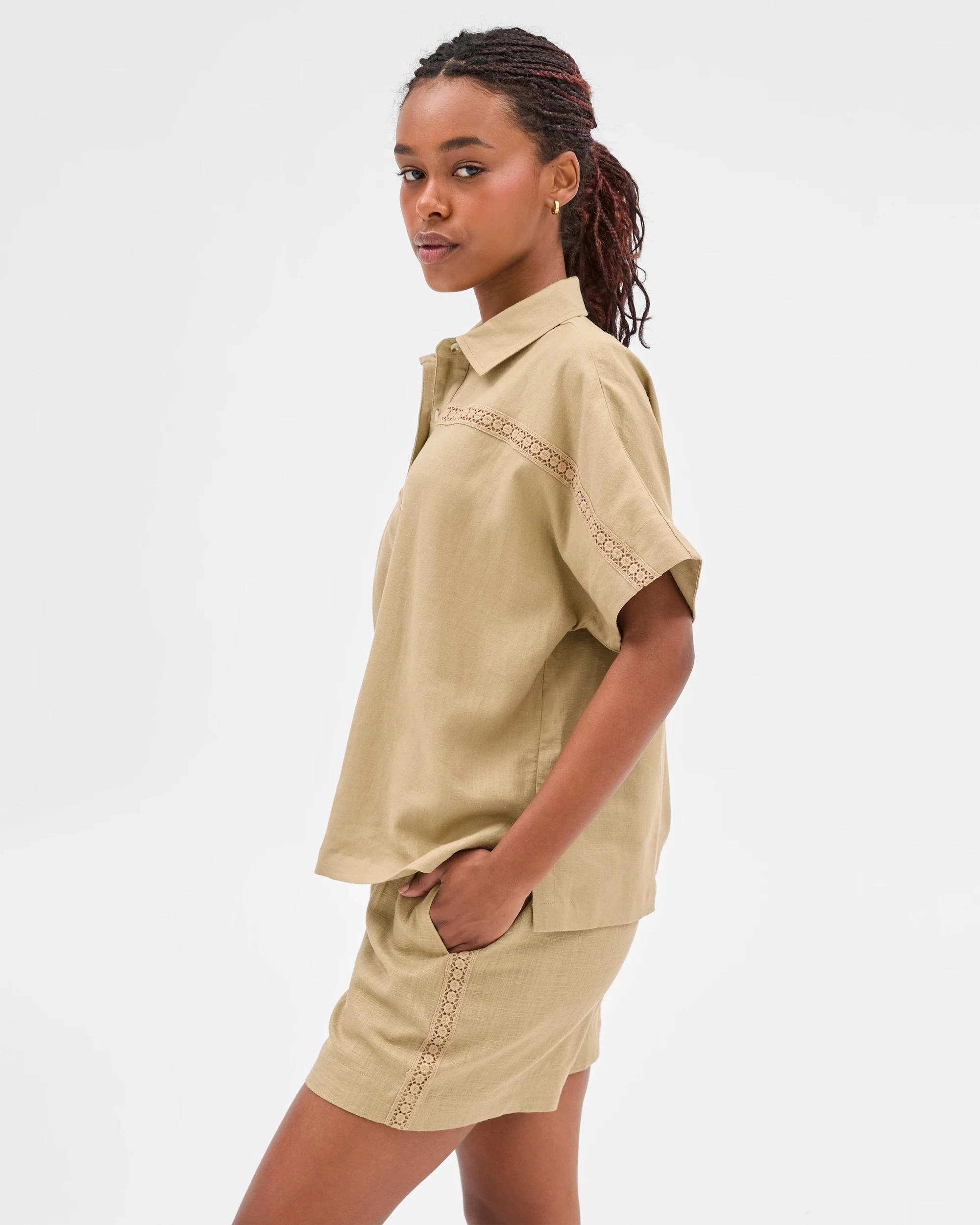 3 Target Petites Linen Blend Crochet Trim Shirt QUINOA, 3 of 6