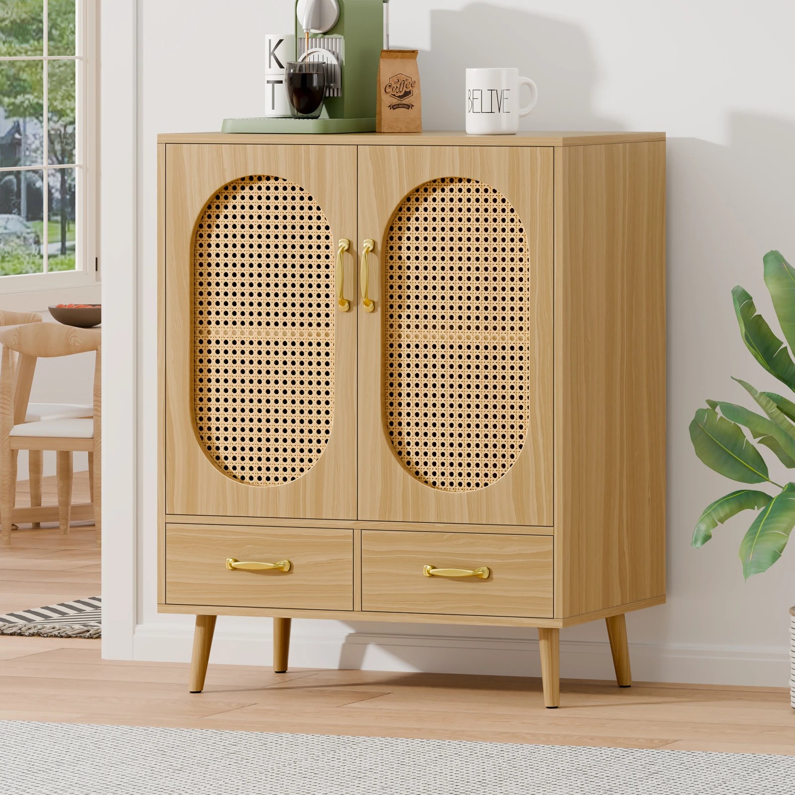 2 Alfordson Buffet Sideboard Rattan Storage Cabinet - Oak, 2 of 9