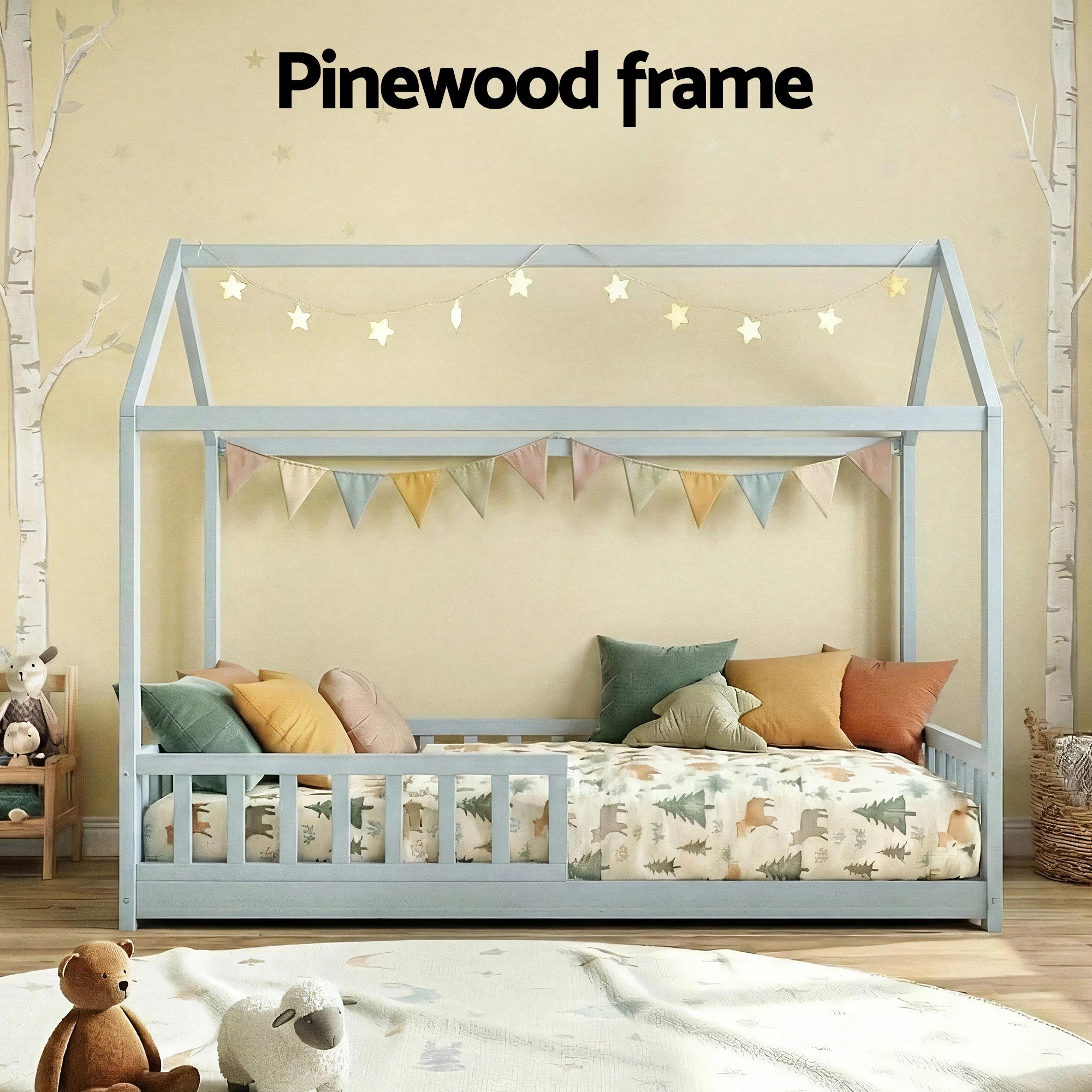 4 Artiss Bed Frame Wooden Kids House Frame  ROCK - Grey, 4 of 6