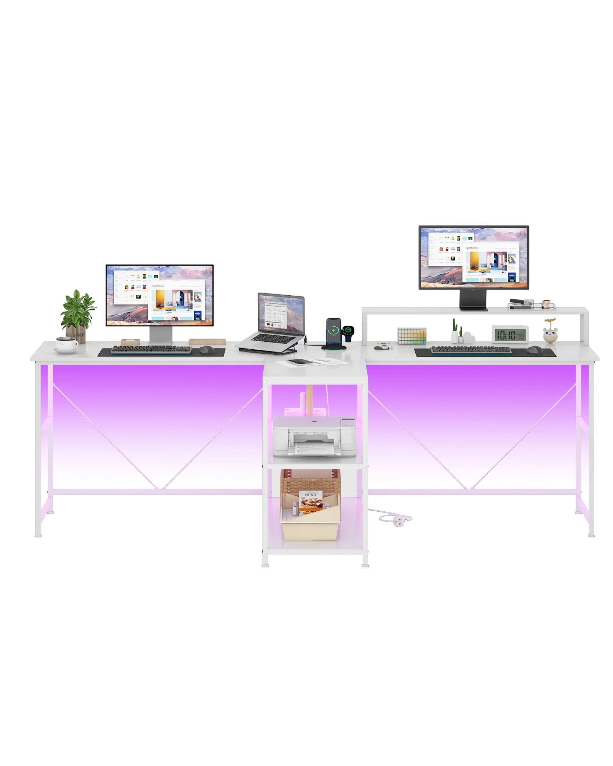 6 Advwin 236cm 2 Person LED Gaming  Computer Desks w/ Power Outlets  - White, 6 of 10