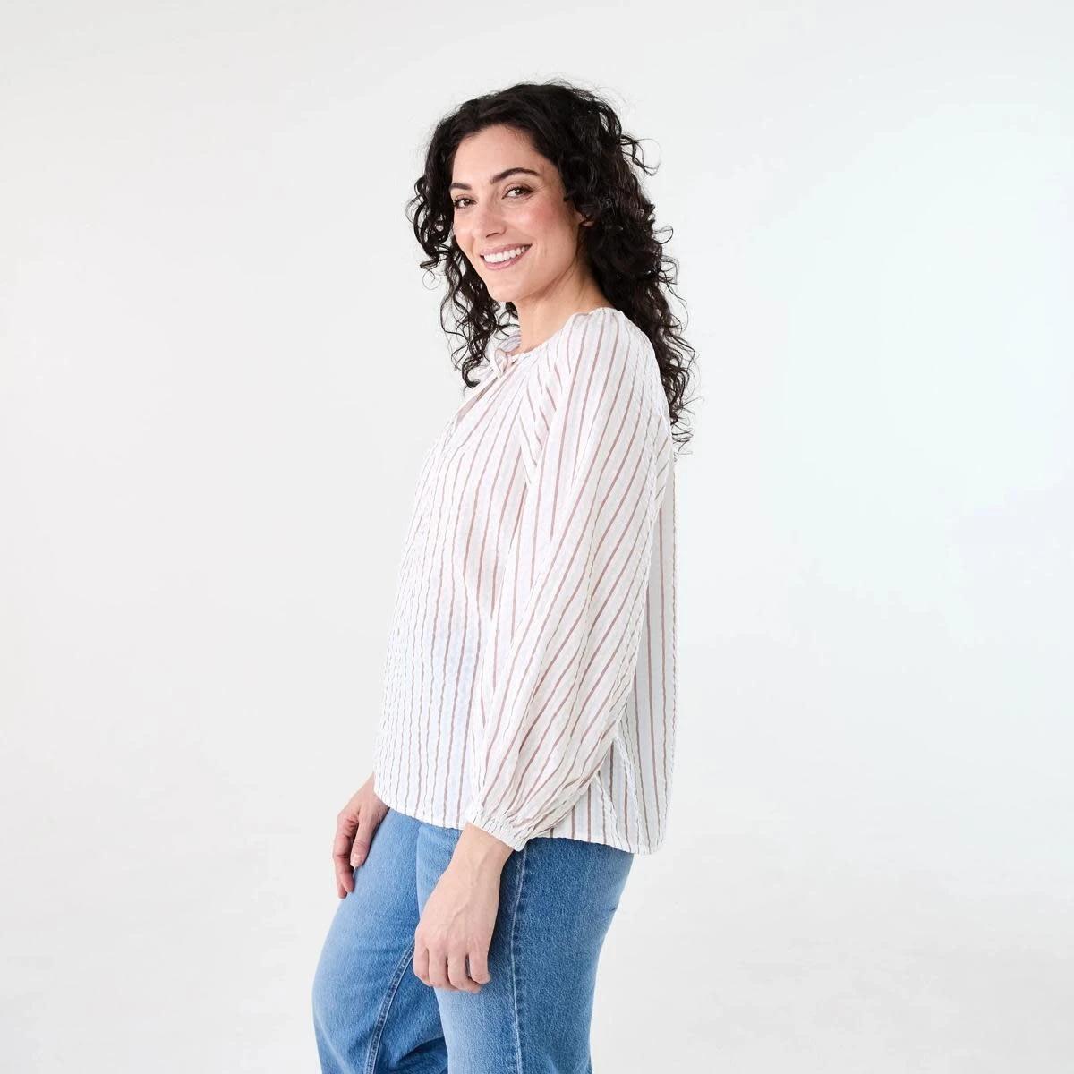 3 Long Sleeve Seersucker Tie Top RUSSET STRIPE, 3 of 6