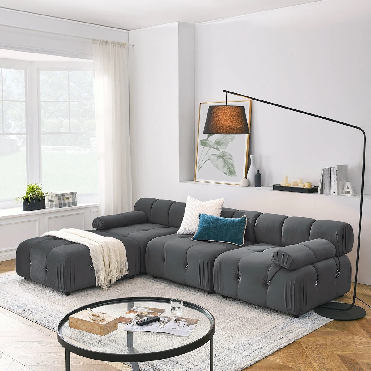 4 Foret 1pc Armless Seat Modular Extension Lounge Couch Tufted Velvet Sofa Dark Grey, 4 of 9