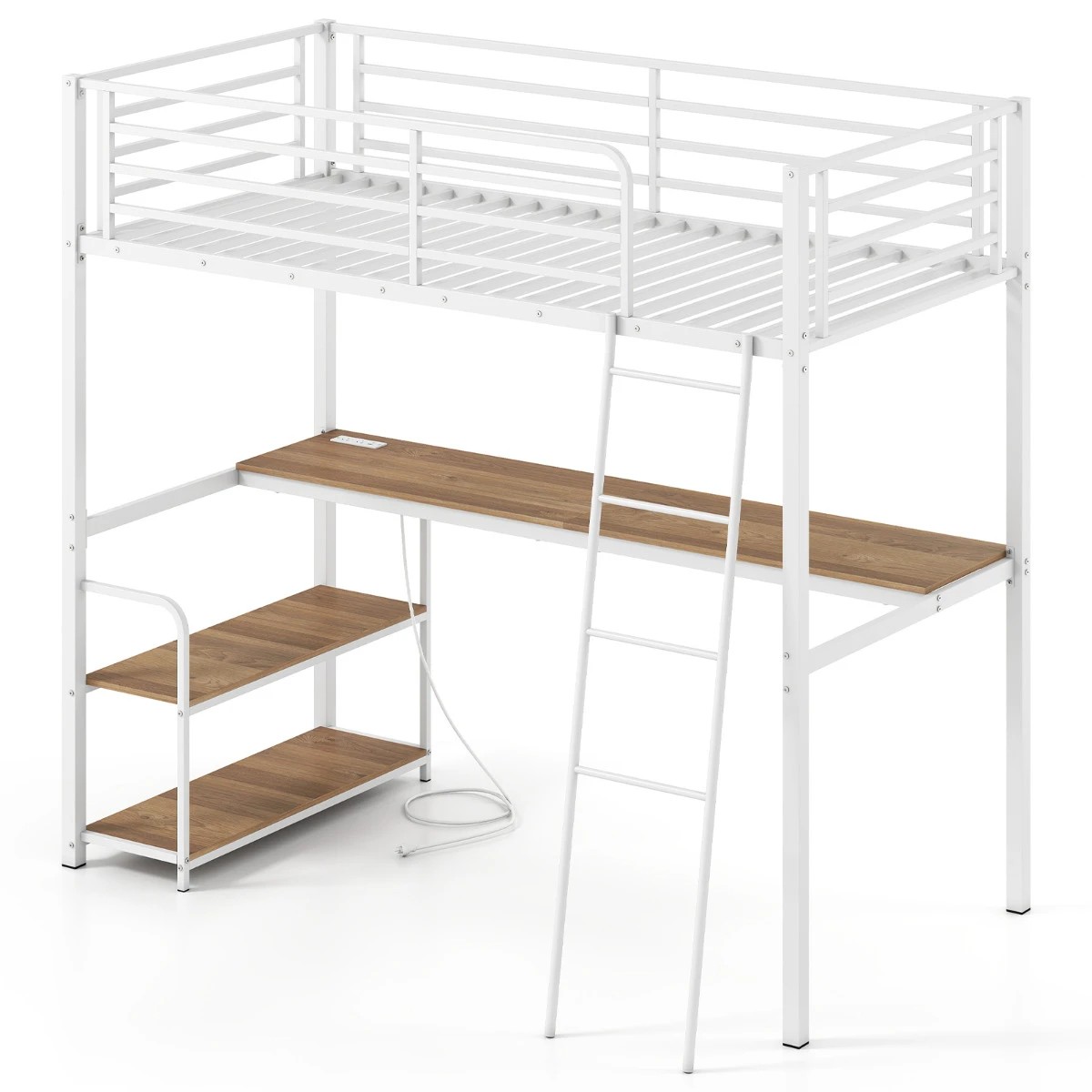 1 Costway Single Loft Bed Frame 2-in-1 Metal Bunk Bed w/Desk & Charging Station - White, 1 of 5