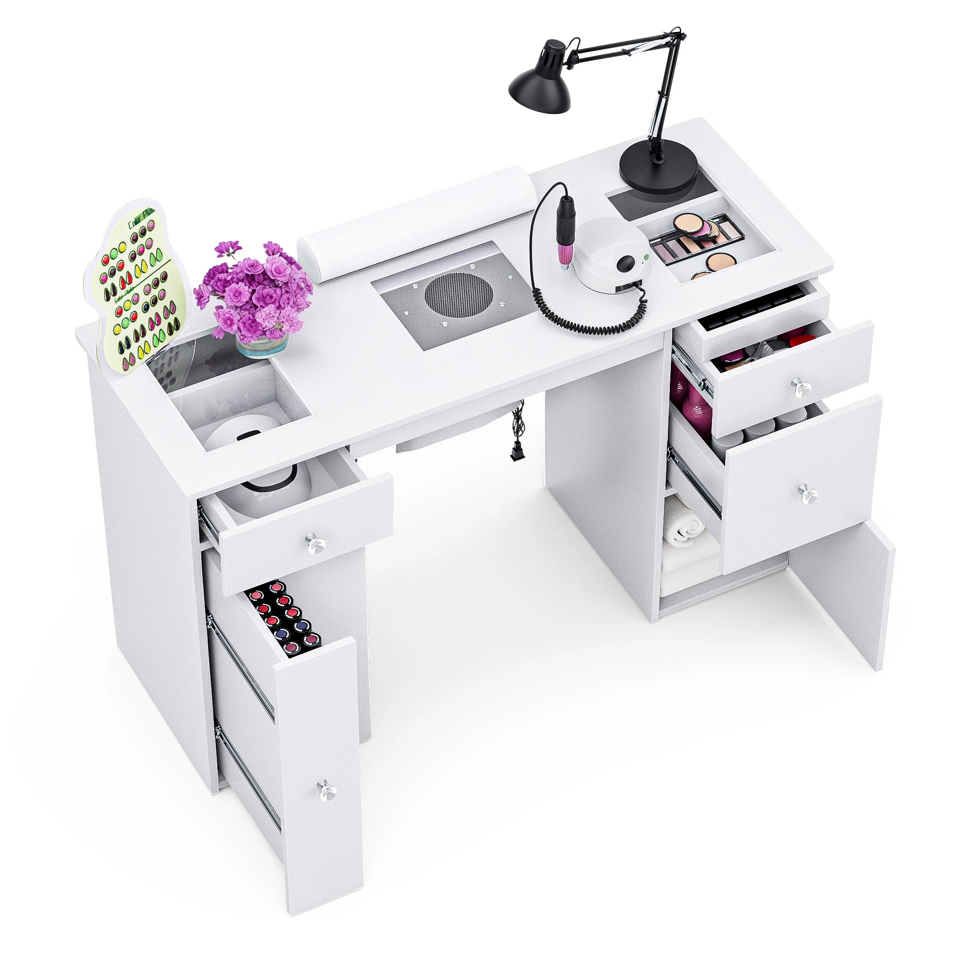 7 Advwin Vanity Desk Manicure Table With Dust Collector Glass Top Acetone Resistant Drawers Shelves
 - White, 7 of 10