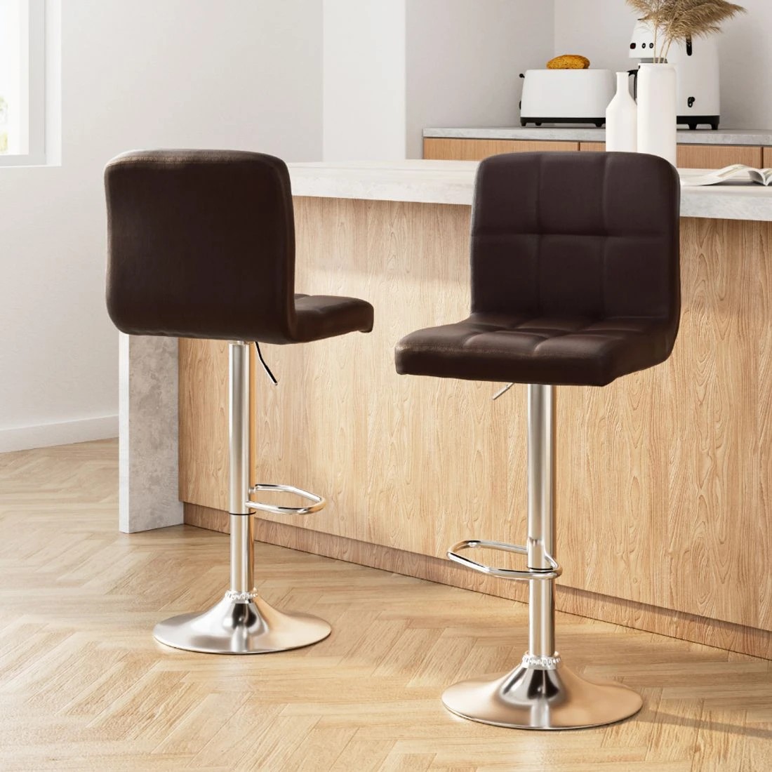 3 Artiss 2x Bar Stools Leather Gas Lift - Brown, 3 of 5