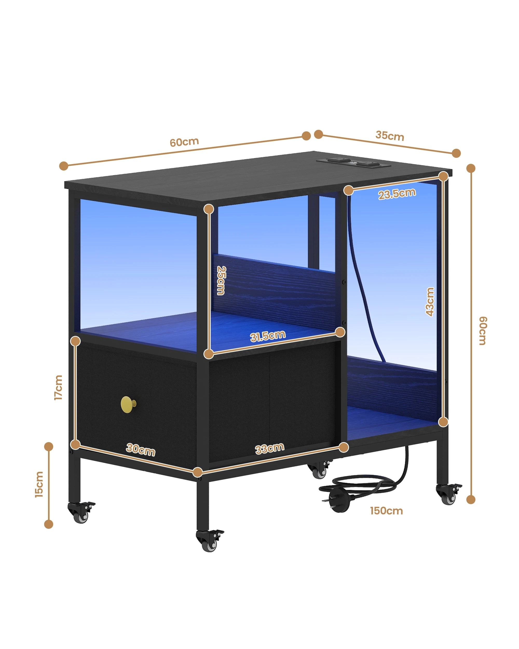 4 Advwin LED Side Table Sofa End Table w/ Power Outlets & Wheels Slim Bedside Table w/Reversible Drawer  - Black, 4 of 10