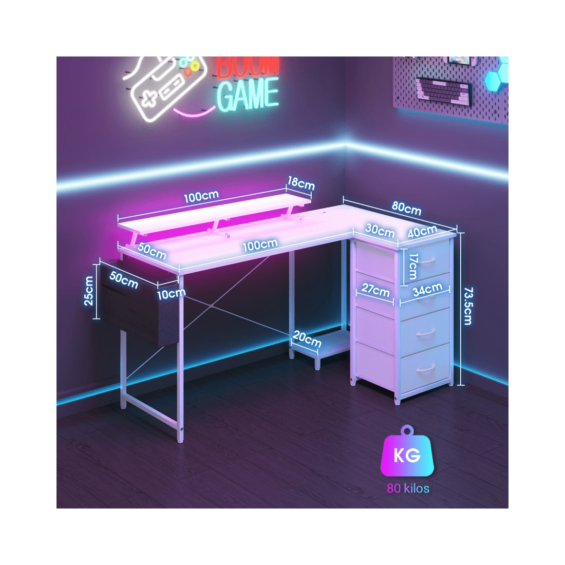 2 Advwin L Shaped Gaming Desk 140cm With Led Lights & Power Outlets Convertible Computer Desk With Monitor Stand White, 2 of 10